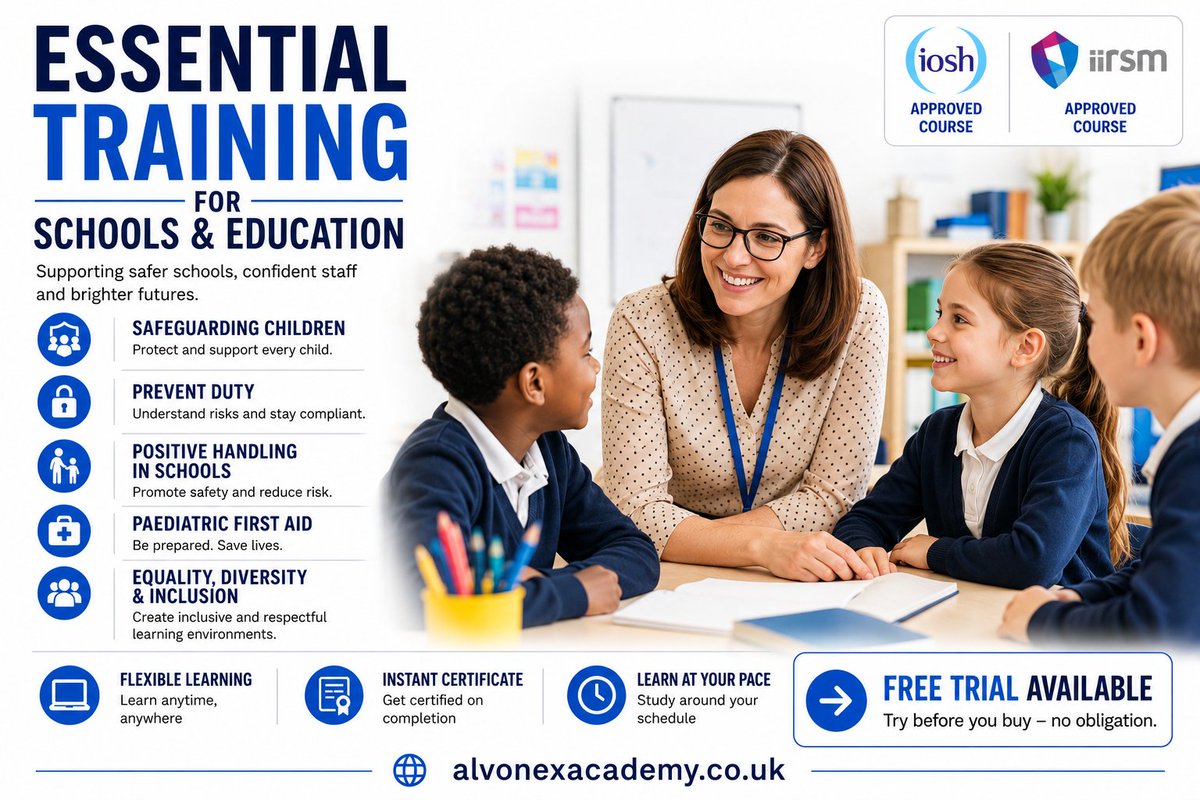 Alvonex's tweet photo. Supporting schools with essential online training 📚

Safeguarding, Prevent Duty, Paediatric First Aid, Positive Handling &amp; more.

✅ Flexible learning
✅ Instant certificates
✅ Free trial available
https://t.co/RjRx3duoya
#Schools #Safeguarding #Education #CPD https://t.co/ZMnrmsbMRA