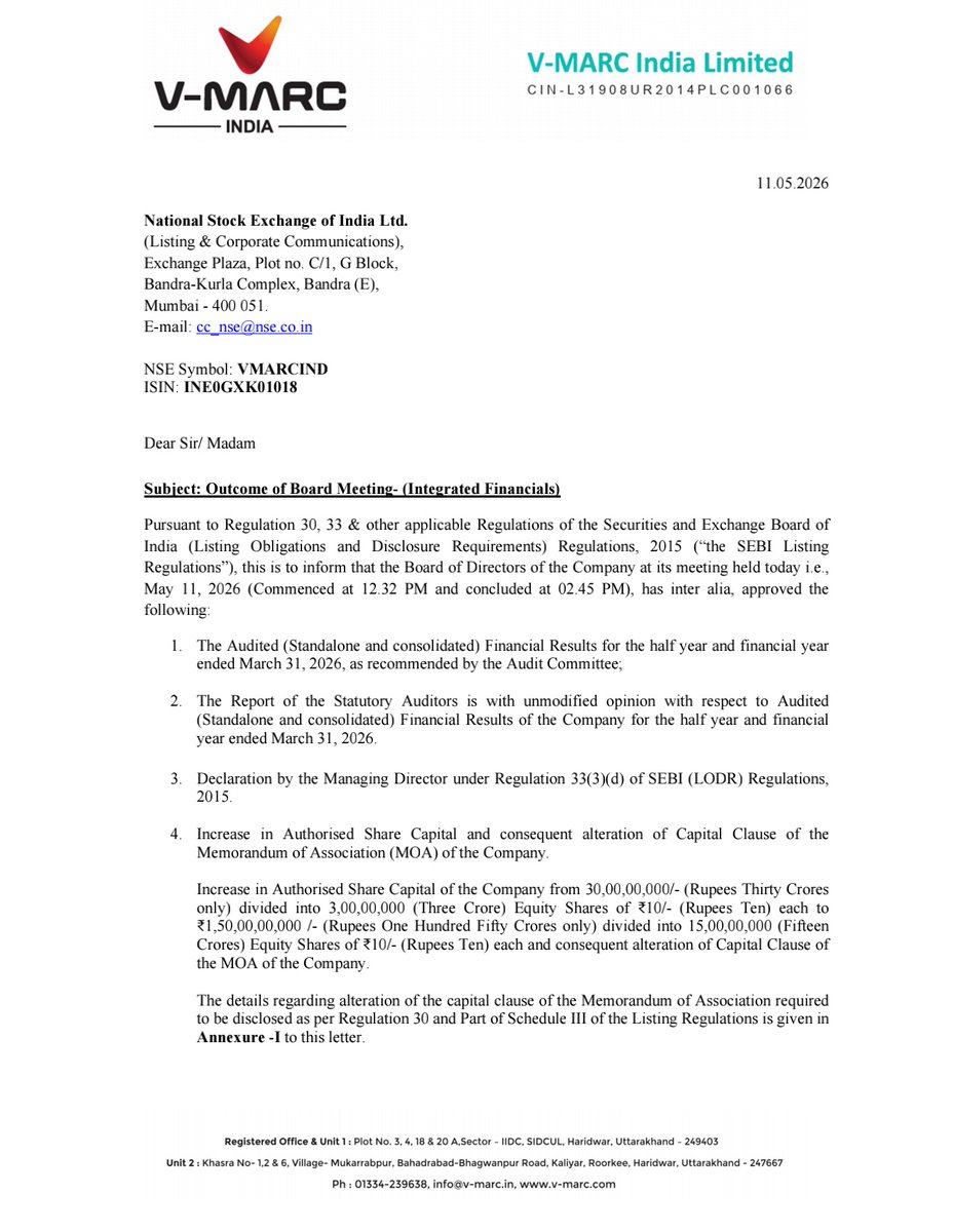 nileshkurhade's tweet photo. 📌 V Marc India Limited informed the exchange about its approval for the financial results for the period ended March 31, 2026. #SME #VMARCIND 📄🧾 https://t.co/lJQJAYRSr7