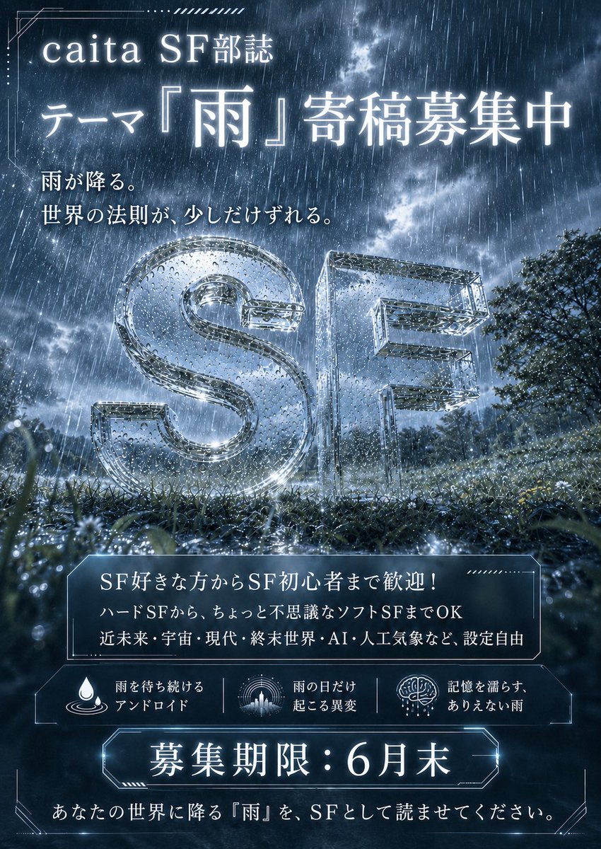 mu_sa_2025's tweet photo. CaitaSF部として「勝手に季節賞」コラボイベント開催します!
本誌は「猫」テーマですがこちらは「雨」🌧️🌧️
本誌とは別枠で部誌・別冊の形で募集中!
寄稿先は本誌同様、鴻上縞さんまで
✨チラシは無沙のアイディアをみとさんに仕上げてもらいました✨
#Cauta #CautaSF部 #Caita勝手に季節賞雨 https://t.co/7HLKtyRD61