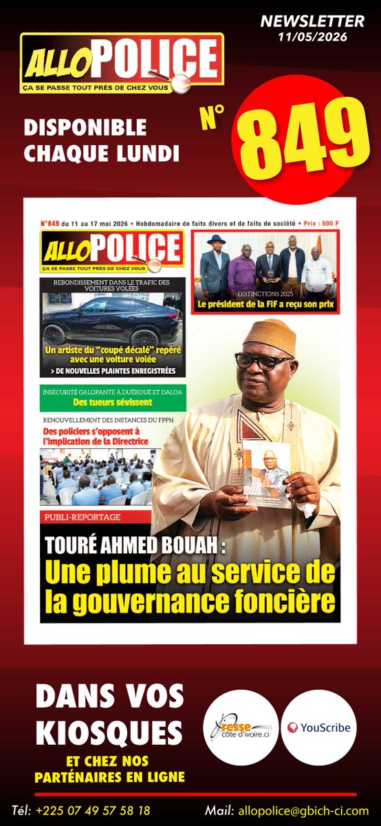 AlloPolice's tweet photo. Dans vos kiosques depuis ce lundi 11/05/2026. 
PRESSE CI https://t.co/VcfG9H8Gma 
YOUSCRIBE https://t.co/ghY4qbRMXI https://t.co/2330WxbaYo