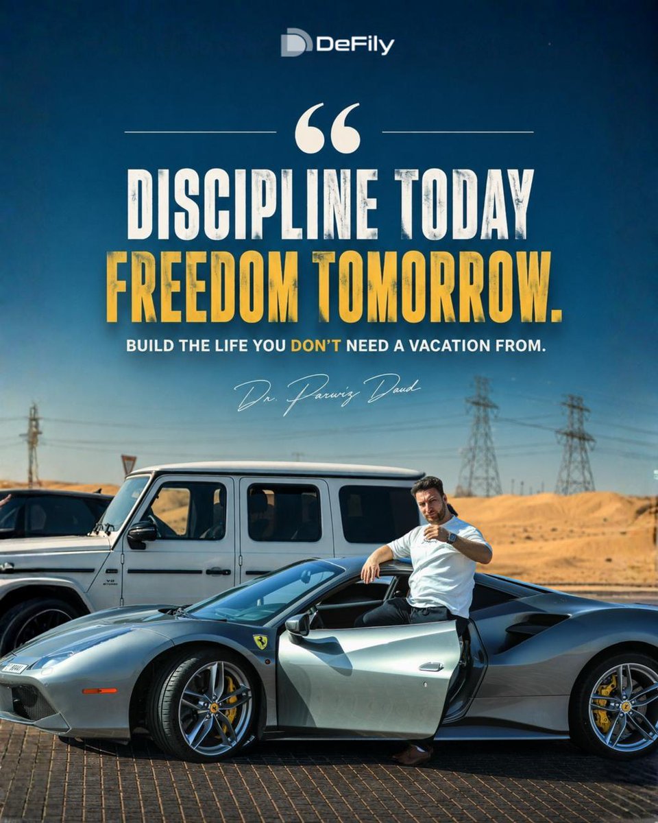 Defilyai's tweet photo. Most people want freedom first.
Freedom to travel. Freedom to sleep whenever they want. Freedom to buy what they like. Freedom to live life on their own terms.

But here’s the part nobody likes hearing:

Freedom is usually the result of discipline, not the starting point.

The successful people you see today didn’t suddenly wake up with luxury cars, businesses, confidence, money, or peace of mind.
What you’re seeing is the reward.
What you don’t see are the years behind it.

The early mornings when nobody was watching.
The weekends they sacrificed.
The times they kept going even when motivation disappeared.
The moments they chose long term growth over short term comfort.

Discipline is uncomfortable in the beginning.
It feels boring. Repetitive. Slow.
While everyone else is chasing quick dopamine, disciplined people are quietly building a future.

And one day, that discipline turns into freedom.

Freedom to choose where you live.
Freedom to spend time with family.
Freedom to walk away from things that drain your peace.
Freedom to create the life you once only imagined.

That’s why the quote says:

“Discipline today. Freedom tomorrow.”

Because the pain of discipline is temporary.
But the pain of regret lasts much longer.

Build a life you don’t need a vacation from. ✨