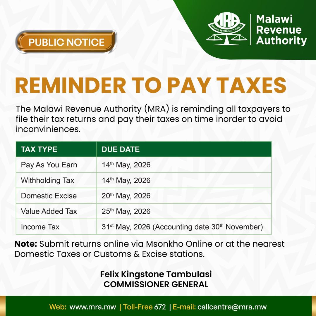 MRA_Malawi's tweet photo. 𝗥𝗘𝗠𝗜𝗡𝗗𝗘𝗥 𝗧𝗢 𝗣𝗔𝗬 𝗧𝗔𝗫𝗘𝗦.
This month’s due date falls on a public holiday. Avoid last minute submissions, work smarter by submitting your returns and settling your dues before the deadline.
#PayOnTime
#TaxDeadline
#TaxCompliance https://t.co/Nsm3B5vC2Z