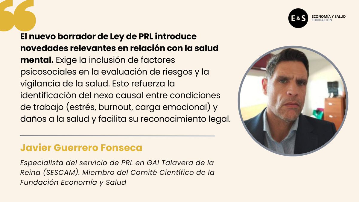 feconomiaysalud's tweet photo. 💬 "El borrador Ley PRL, exige la inclusión explícita de los factores psicosociales en la evaluación de riesgos y la vigilancia de la salud".

🎙️ Entrevista a @javi_guerrero_f, miembro del Comité Científico de la Fundación Economía y Salud.

🔗 https://t.co/dyeYuXhqNV https://t.co/aYjbxwQLl5