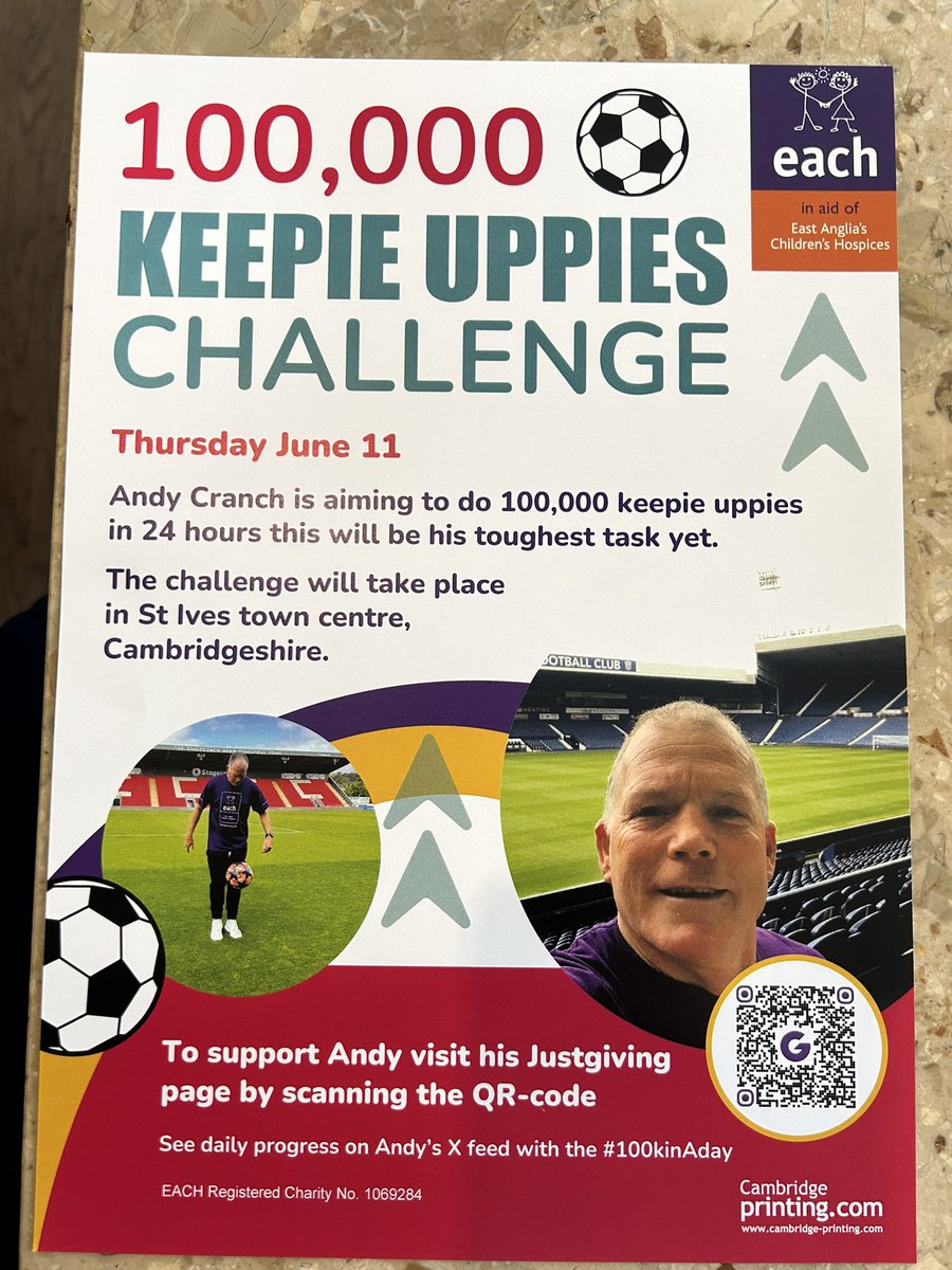 cranch_andy's tweet photo. One month to go 
Before the massive challenge one hundred thousand keepie uppies in 24 hours for @EACH_hospices 
Please share Please donation how ever small
It cost £10k a day to keep the Hospice open #100kinAday https://t.co/UTQptuHRVS
