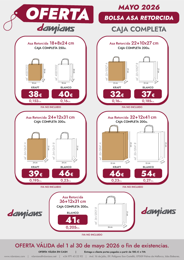 r_damians's tweet photo. ⭐️OFERTA MAYO 2026⭐️ 
ASA RETORCIDA CAJA COMPLETA   

¡No te lo pierdas!
IVA NO INCLUIDO

OFERTA VÁLIDA DEL 1 DE MAYO HASTA EL 30 DE MAYO O FIN DE EXISTENCIAS.

¡Venda lo que venda, vístalo mejor!

#damians #rdamians #oferta #bolsas #cajacompleta https://t.co/Vx63w5Sa12