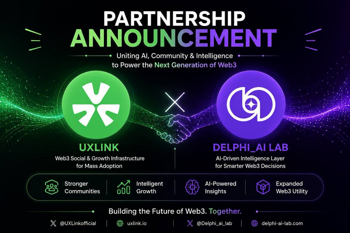 delphiai_lab's tweet photo. 🚀 Partnership Announcement: Delphi AI × UXLINK

Delphi AI is partnering with @UXLINKofficial to combine AI-powered market intelligence with one of Web3’s largest social ecosystems.

Together, we’re building smarter, data-driven insights for the next generation of Web3 users. https://t.co/cKGth7f9IR