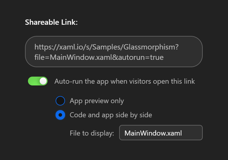 xaml_io's tweet photo. New on https://t.co/9enTyWD0I1: shared codebases can now open exactly how you want.

Choose the starting experience for the person opening your link:
• auto-run the app
• show code + preview side by side
• open to a specific file

Great for snippets, demos, and .NET tutorials. https://t.co/2fYNsJY3X0