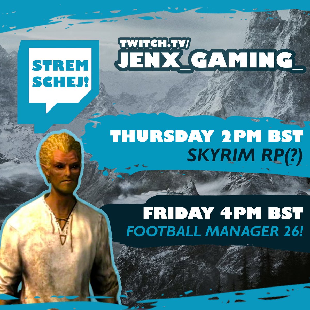 Jenx_Gaming_'s tweet photo. 📢 STREAM.SKEDJ 📢

By Azura!! I wasn't going to do another Skyrim RP stream, but the last two seemed to go down pretty well, so may as well make it a trilogy! 

More Friday Footballing with the Underscores too, eyeing up those play-off spots 👀

Catch you on stream, BY AZURA!! https://t.co/SHmSr50ydN