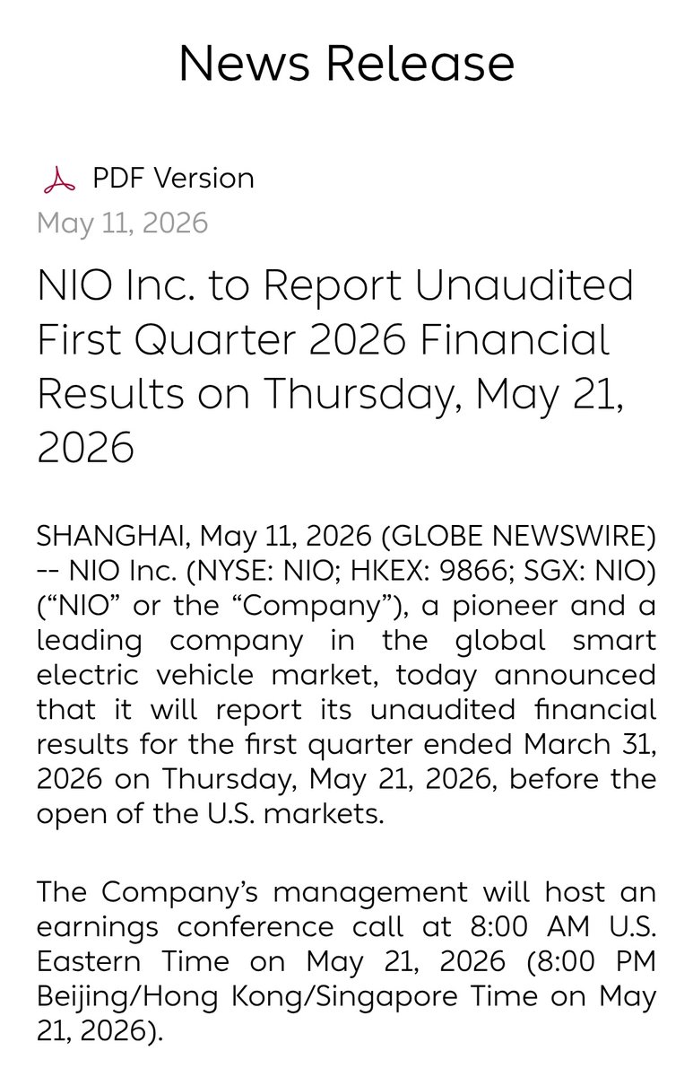 NIOAdmirer's tweet photo. NIO Inc. to Report Unaudited First Quarter 2026 Financial Results on Thursday, May 21, 2026 https://t.co/INrITSWt4E