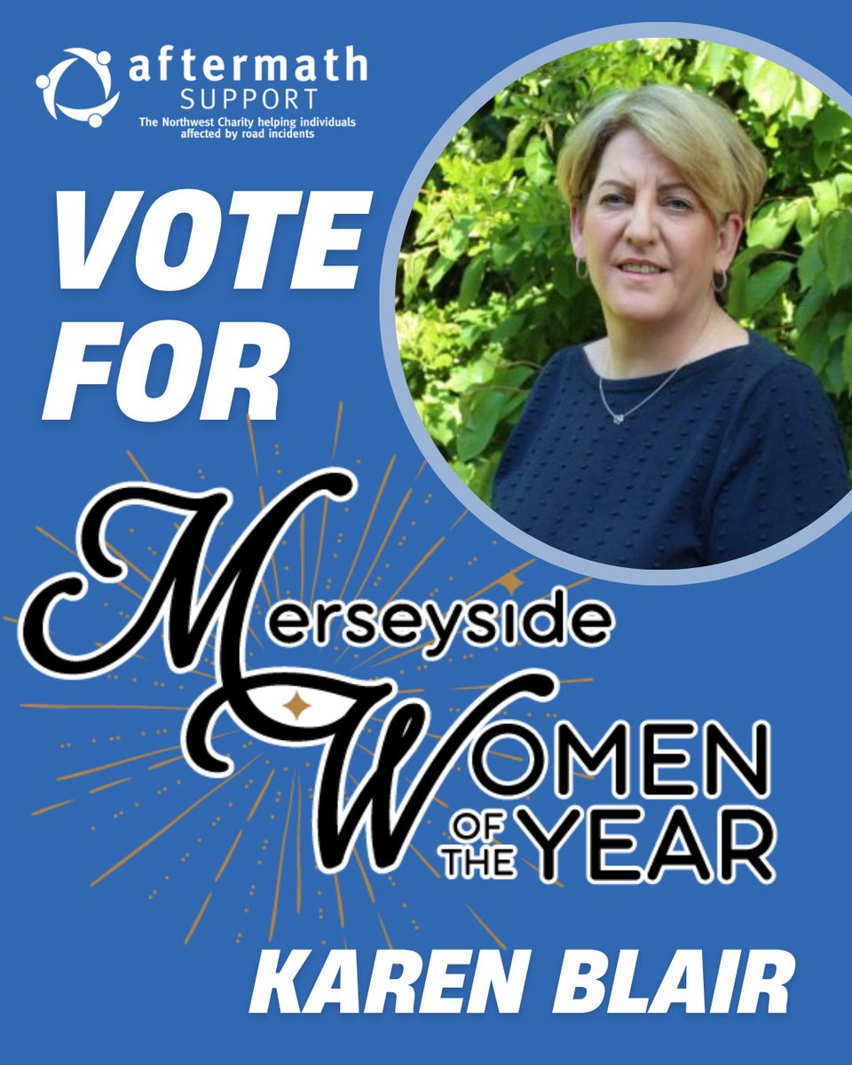 aftermathsupp's tweet photo. 🎉We're thrilled to share Kare CEO of Aftermath is a finalist for Merseyside Woman of the Year 2026! She champions road safety, supports those affected by collisions &amp; inspires her team. 
Vote by 1 June: https://t.co/SWiaEP5pcL 
@MWOTY💙 #MWOTY #AftermathSupport https://t.co/QsJ4BgOYpp