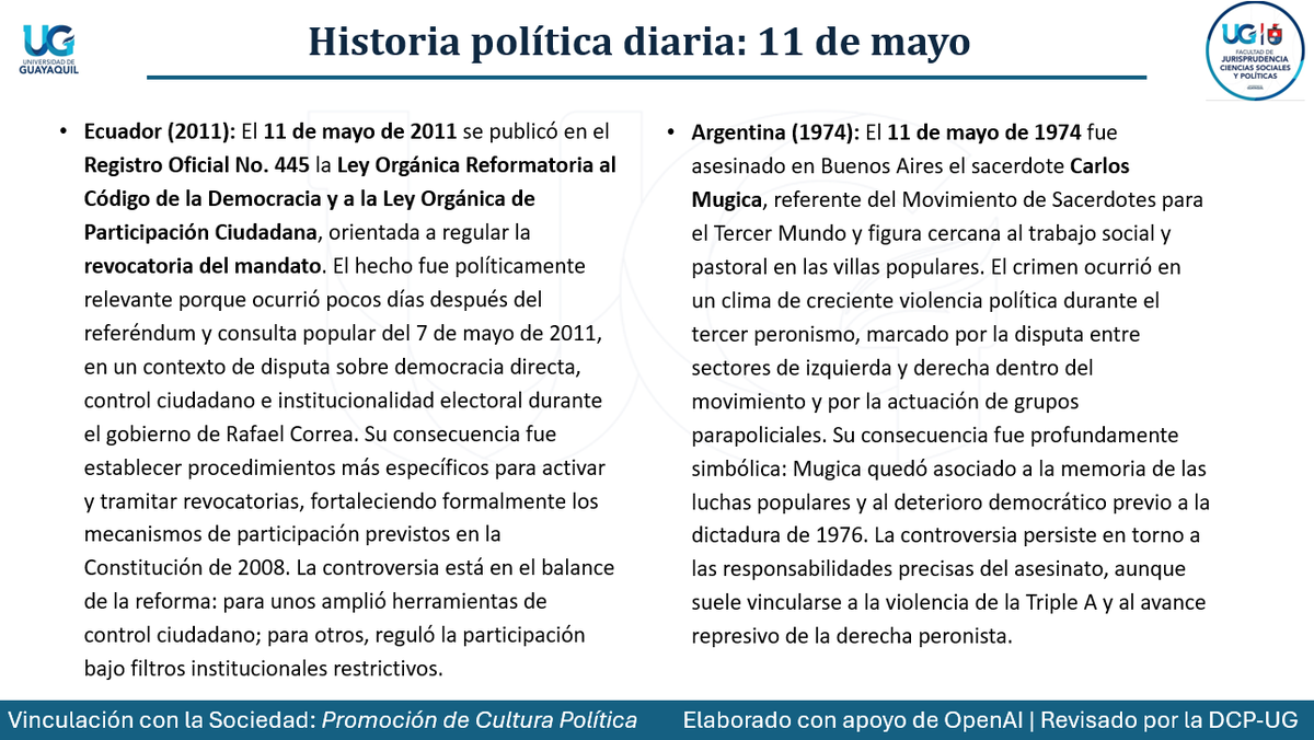 PoliticasUg's tweet photo. Hoy, 11 de mayo, en la historia política de Ecuador y Argentina.

#DiarioPolítico #CulturaPolítica #Vinculación https://t.co/vFENzERqjg