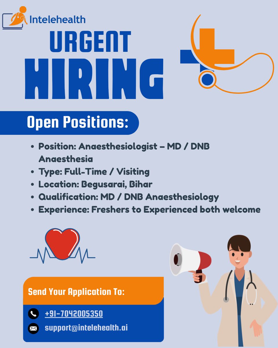 CLUE_Courses's tweet photo. We're Hiring! Join the Intelehealth Family 🚨
We are looking for a passionate &amp; skilled Anaesthesiologist to be part of our growing medical team!
👨‍⚕️ Position: Anaesthesiologist – MD / DNB Anaesthesia 🏥 Type: Full-Time / Visiting 📍 Location: Begusarai, Bihar. https://t.co/Qy0JMjO1SA