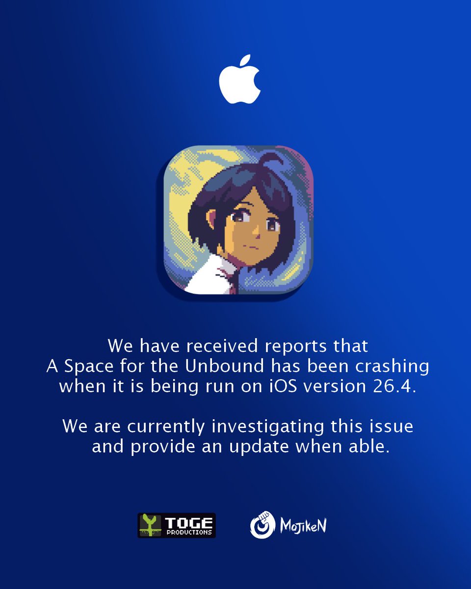 ASFTUgame's tweet photo. Hello, Spacedivers! 📕💫

We have received reports that A Space for the Unbound has been crashing when it is being run on iOS version 26.4. 

We are currently investigating this issue, and we will catch up to you for the update! https://t.co/uKV18JfBBJ