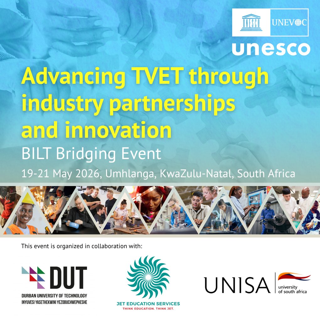 UNEVOC's tweet photo. Join the @UNEVOC #BILT Bridging Event on Advancing #TVET through #industry partnerships &amp; #innovation.

Learn more about sustainable TVET-industry partnerships &amp; innovative practices.

🗓️ 19-21 May
🗣️ English with French interpretation 
💻 Watch here: https://t.co/fJErkmpn3p https://t.co/A4rdh3XuCX