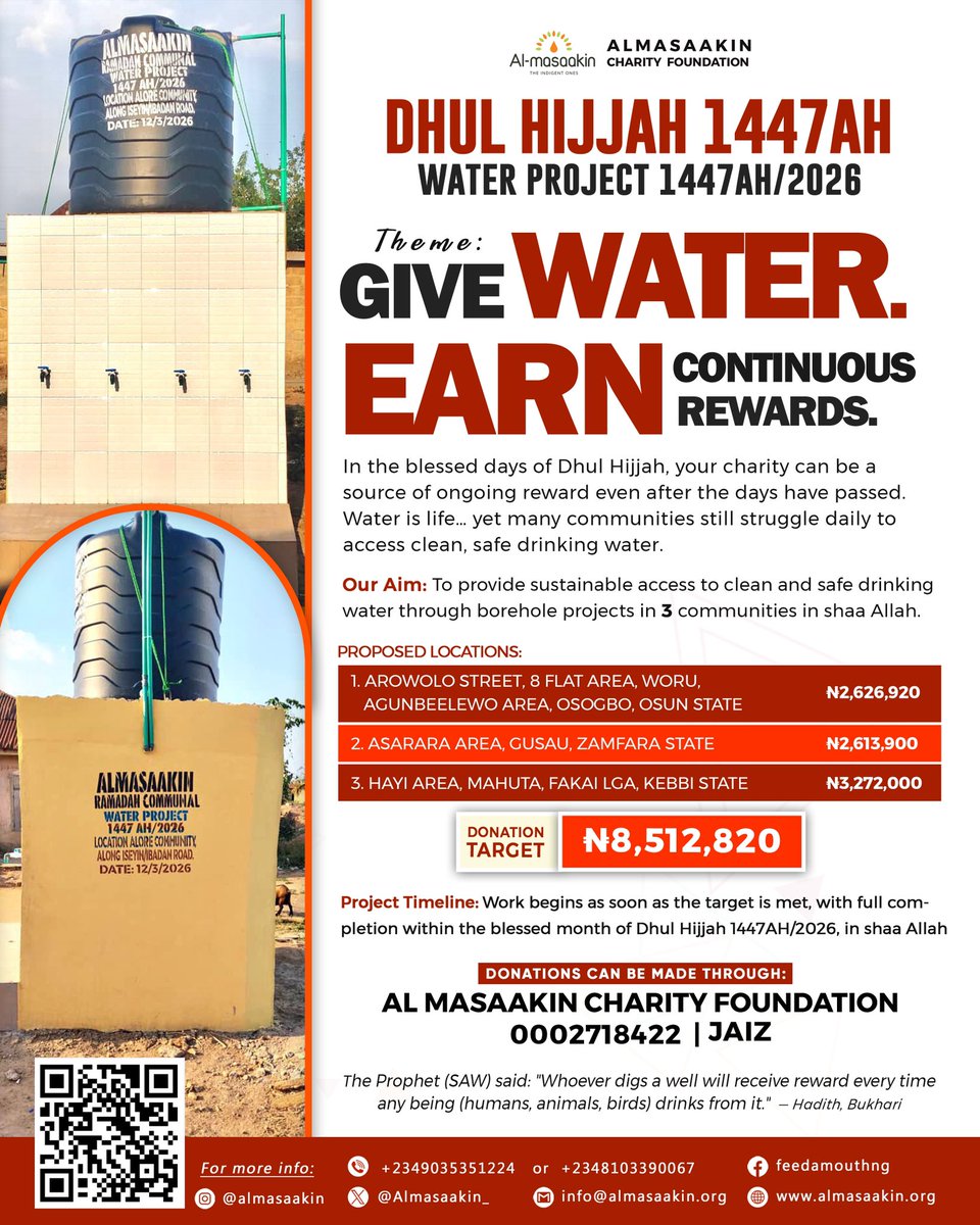 Almasaakin_'s tweet photo. Support Two Special Projects This Dhul Hijjah 1447AH / 2026 with Almasaakin Charity Foundation

As the blessed days of Dhul Hijjah draw near, we invite you to take part in acts of charity that bring hope and relief to those in need by supporting one or more of our ongoing projects:

Day of Arafah Iftar Feeding (9th Dhul Hijjah):
Help provide nourishing meals for fasting Muslims on one of the most sacred days of the year.

Dhul Hijjah Water Project:
Support the provision of clean and sustainable water to underserved communities.

Every donation, no matter how small, contributes towards a lasting impact. May Allah reward you abundantly and accept it as an act of ibadah.

For enquiries:
Contact: +2349035351224
Twitter: @almasaakin_
Instagram: @almasaakin @feedamouth
E-mail: info@almasaakin.org Website: https://t.co/r0YiptjNbR