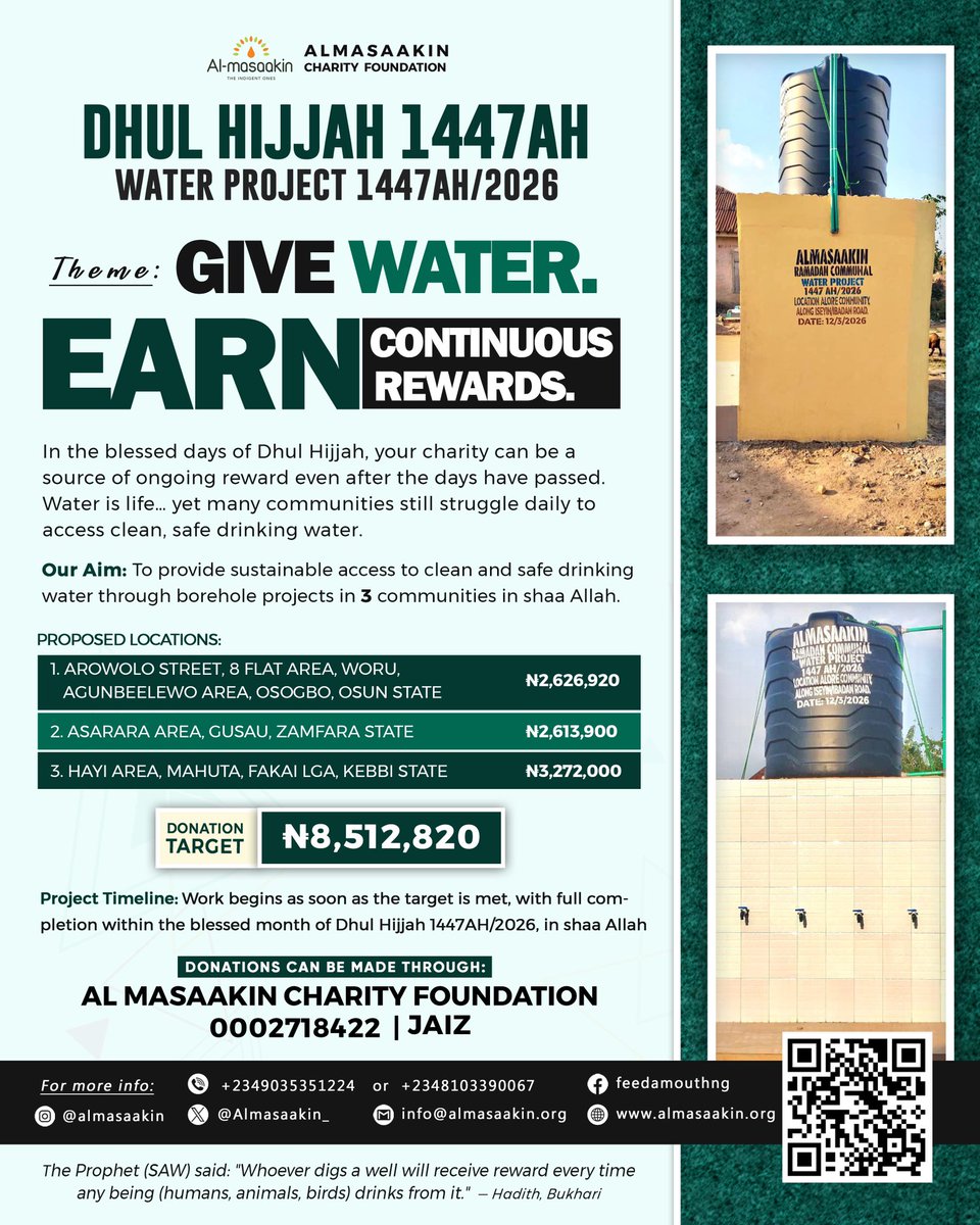 Almasaakin_'s tweet photo. Support Two Special Projects This Dhul Hijjah 1447AH / 2026 with Almasaakin Charity Foundation

As the blessed days of Dhul Hijjah draw near, we invite you to take part in acts of charity that bring hope and relief to those in need by supporting one or more of our ongoing projects:

Day of Arafah Iftar Feeding (9th Dhul Hijjah):
Help provide nourishing meals for fasting Muslims on one of the most sacred days of the year.

Dhul Hijjah Water Project:
Support the provision of clean and sustainable water to underserved communities.

Every donation, no matter how small, contributes towards a lasting impact. May Allah reward you abundantly and accept it as an act of ibadah.

For enquiries:
Contact: +2349035351224
Twitter: @almasaakin_
Instagram: @almasaakin @feedamouth
E-mail: info@almasaakin.org Website: https://t.co/r0YiptjNbR