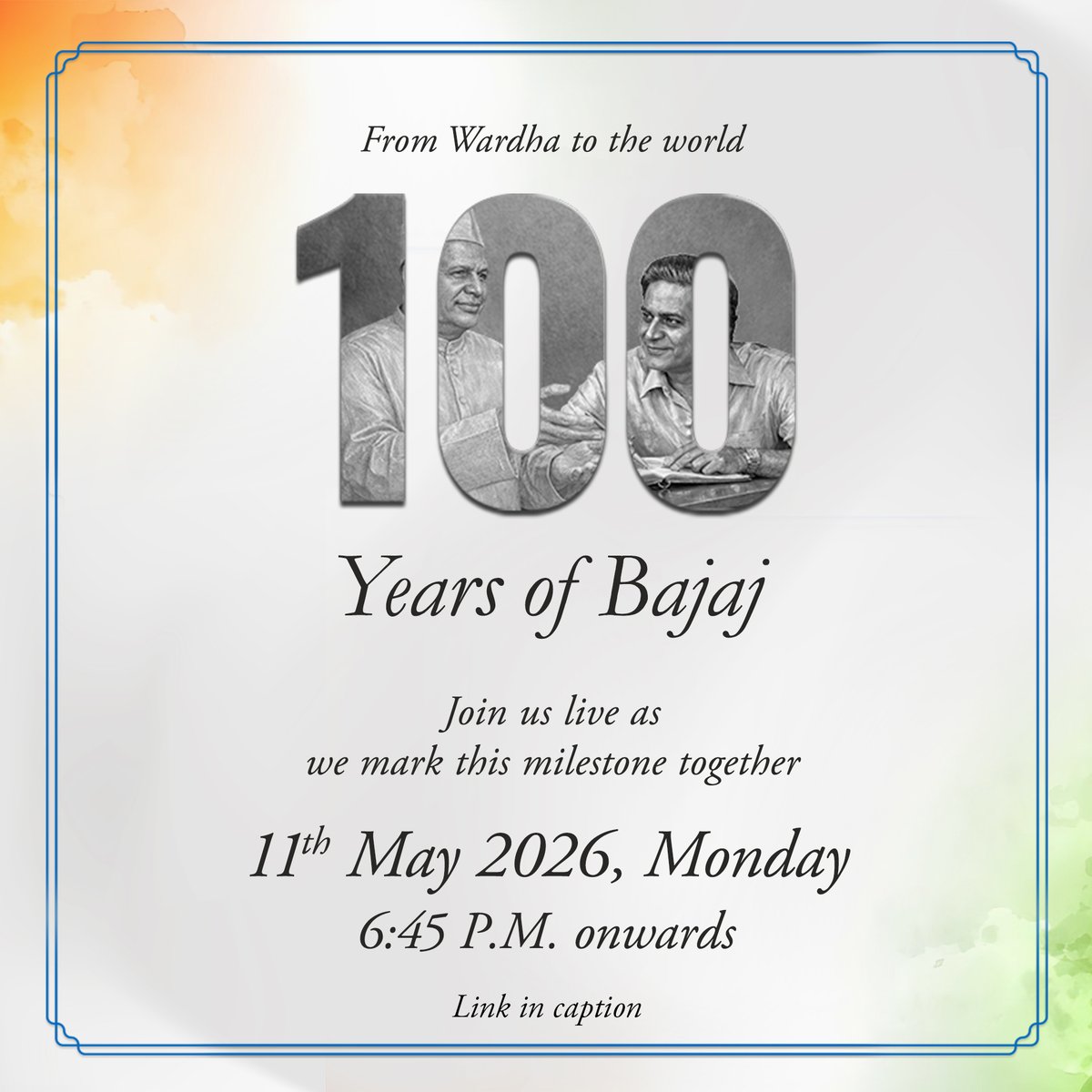 BajajBroking's tweet photo. A century built on values.
A future driven by purpose.
 
From Wardha to the world, the Bajaj journey has been shaped by vision, values, and a commitment to creating meaningful impact across generations.
 
Join us live today as we celebrate this remarkable milestone and honour a century of trust, resilience, and progress.
 
 🗓️11 May 2026, Monday
 🕡 6:45 P.M. onwards
 
 ▶️ Watch it live: https://t.co/16DFeMbxhz
 
 🔗Explore the journey of 100 years: https://t.co/djHiYtnqN9

#100YearsOfBajaj #Bajaj #LegacyofTrust #CentenaryCelebration