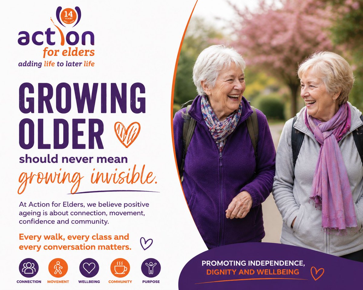 ActionForElders's tweet photo. Growing older should never mean growing invisible. 💜🧡

At Action for Elders, we believe positive ageing is about connection, movement, confidence and community.

Every walk, every class and every conversation matters.

#PositiveAgeing #PreventativeHealth #CommunitySupport https://t.co/CdCazHUgQB