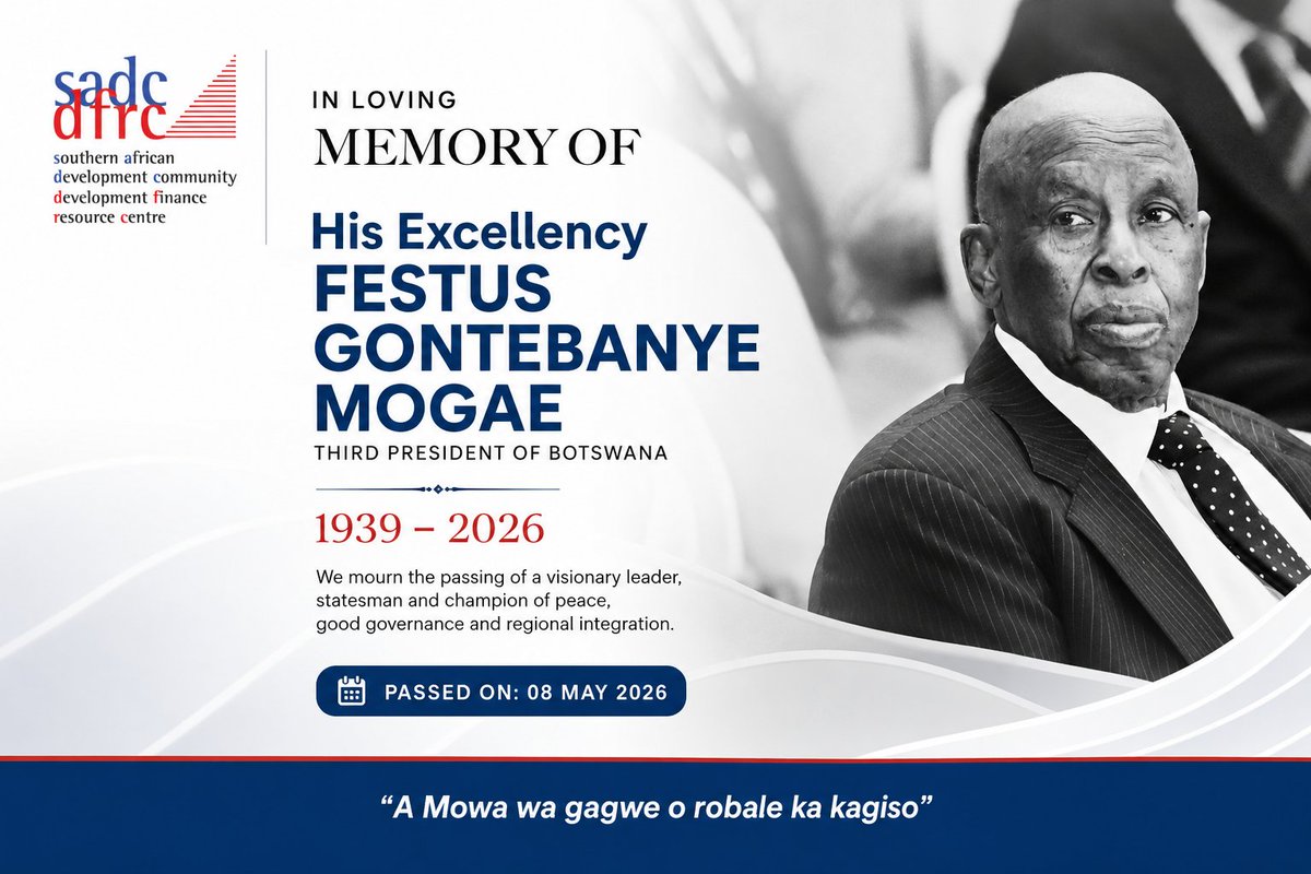 SADCDFRC's tweet photo. SADC-DFRC joins Botswana and the region in mourning the passing of His Excellency Festus Gontebanye Mogae, Third President of Botswana (1939–2026).

Our heartfelt condolences to his family and the people of Botswana.

#RIPFestusMogae #FormerPresident #Botswana #SADC https://t.co/z9XxmW3F36