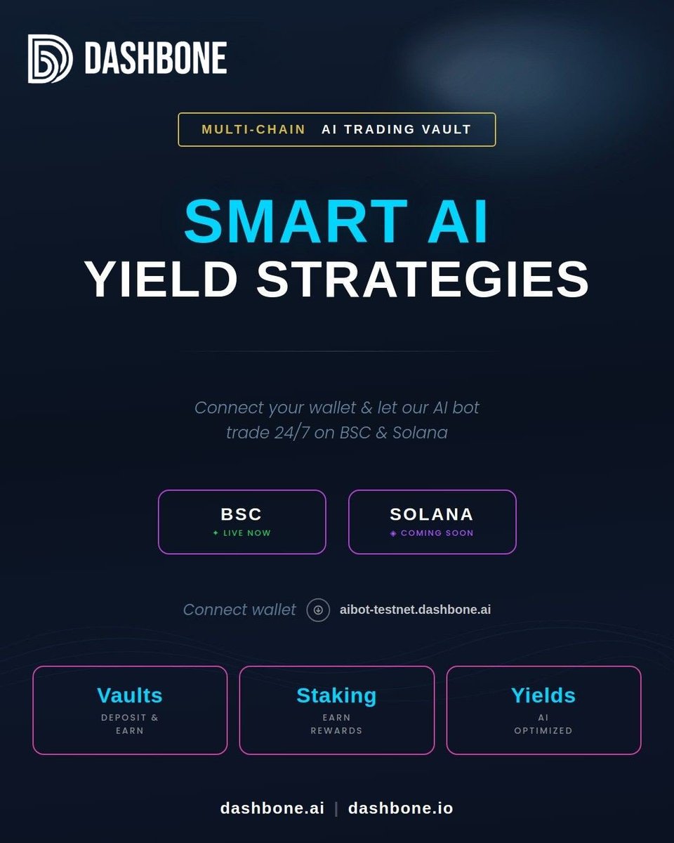 DashBone1's tweet photo. Unlock smarter yield opportunities with Dashbone!
Experience AI-powered yield strategies built for multi-chain DeFi trading.
✅ AI Trading Vaults
✅ BSC Live Now
✅ Solana Coming Soon
✅ Staking &amp; Optimized Yields
✅ 24/7 Automated Trading https://t.co/uWmx7tKnGp