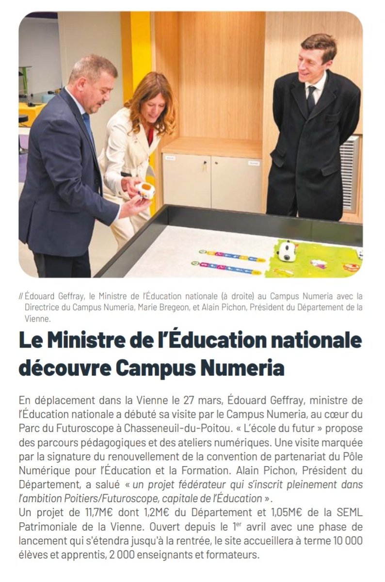 RCenDanger's tweet photo. 💥 Le ministre a-t-il oublié #RéseauCanopé ?
Visite officielle à Campus Numeria mais la centaine de mètres qui nous sépare devait être trop importante pour venir nous voir et nous apporter son soutien en cette période incertaine 🤔😡
Source: "Vienne Mag", mai-juin 2026, page 8. https://t.co/VH0Qlf7gtc