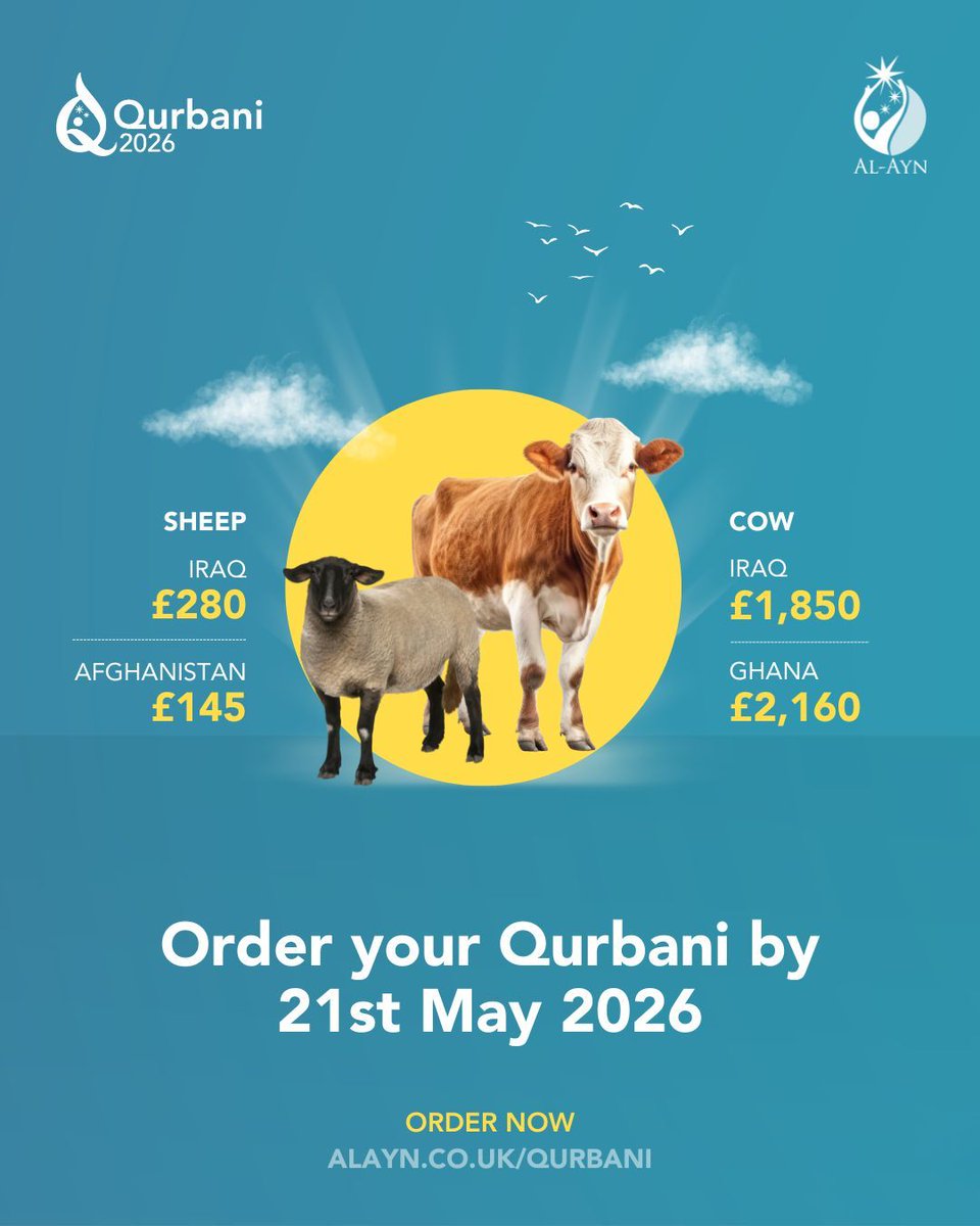 From your donation to their home - your Qurbani makes a direct impact. Order your Qurbani today from £145 by 21st May 2026.

Visit alayn.co.uk/qurbani to get started.