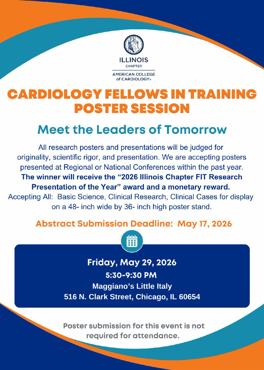 IllinoisACC's tweet photo. Last call for Illinois FITs: the May 17 submission deadline for the ILACC Poster Session is almost here. If you’ve been meaning to submit your poster or case, now’s the time: https://t.co/x20qJf9BaR
 #ILACC #Cardiology https://t.co/eZIBbEg22H