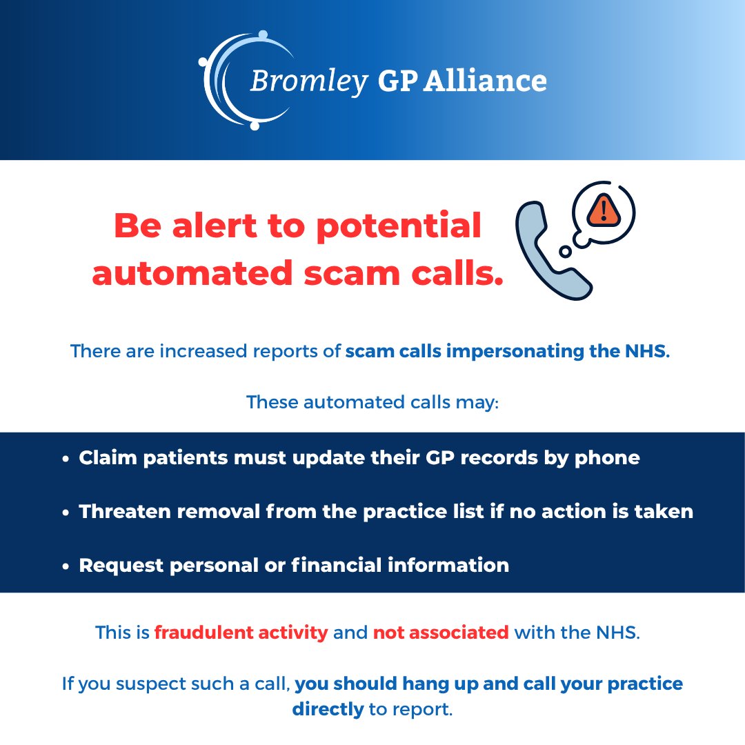 BromleyGPs's tweet photo. ⚠️ There are increased reports of scam calls impersonating the NHS.

If you suspect a scam call, please hang up and contact your GP practice directly.

You can also report fraudulent activity to: https://t.co/HrW5JmgPsa https://t.co/79OTNKYeAK