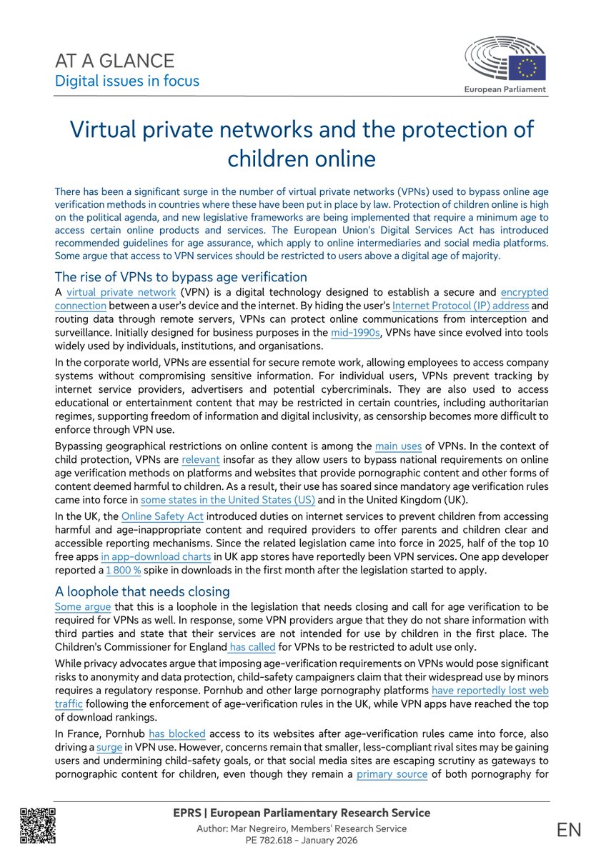 ShenDigital's tweet photo. 🚨 L’Union européenne elle-même reconnaît que les VPN sont une faille à fermer.

Dans son rapport officiel de janvier 2026, le Parlement européen explique que les VPN explosent depuis les lois de vérification d’âge (France, UK…) et que certains veulent désormais imposer une vérification d’âge sur les VPN. C’est le début de la fin de l’anonymat en ligne.

J’ai détaillé tout le système complet (eIDAS, SREN, Chat Control, surveillance des voitures, gels sans juge…) en dessous du courrier 👇