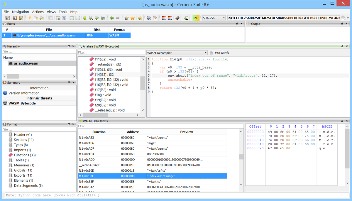 cprofiler's tweet photo. 📦 We are happy to announce two new packages, released together: the WASM Format package and the WASM Decompiler package. Together they bring native WebAssembly analysis to Cerbero Suite: parsing, disassembly, decompilation, data cross-references, and unified navigation between all of them.

WebAssembly long ago outgrew its original role as a fast in-browser execution target. Today it underpins server-side runtimes, serverless edge platforms, smart-contract VMs, plug-in systems for desktop and mobile applications, and a steady stream of malware samples that ship WASM payloads. Having a native parser, disassembler, and decompiler turns those modules into something a reverse engineer can actually read without leaving the suite.

The two packages are released together but layered. The Format package handles parsing, disassembly, the format tree, the bytecode view, and the Data XRefs view. The Decompiler package plugs into the bytecode view as a discoverable decompiler, so the bytecode tree's mode combo automatically picks it up.