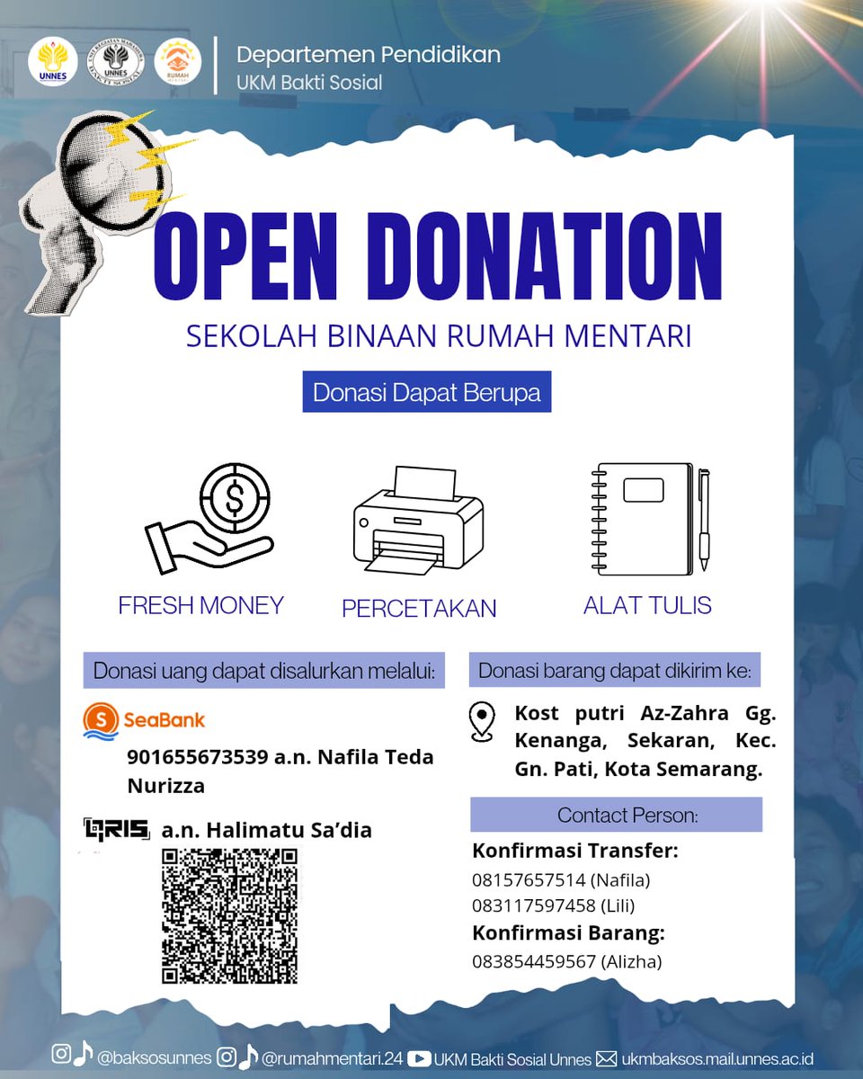 BaksosUNNES's tweet photo. ✨OPEN DONASI SEKOLAH BINAAN RUMAH MENTARI ✨
Hai rummate! 🌻💛

Halo, apa kabar? 🤗 Semoga selalu sehat dan bahagia.

Yuk, beri harapan untuk anak-anak Rumah Mentari. 🌟 Sekecil apa pun donasimu, sangat berarti untuk masa depan mereka. 💛 https://t.co/V162sVxjRZ