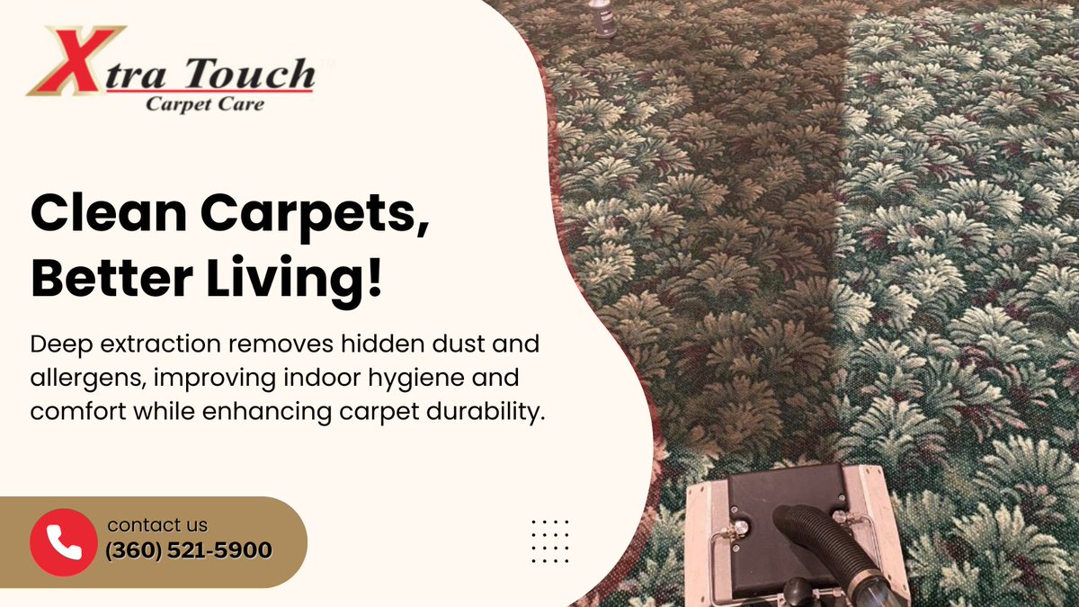 TouchXtra's tweet photo. Your carpets deserve more than quick vacuum! 😌

We remove deep stains, odors &amp; buildup to leave carpets looking soft, bright &amp; refreshed. 😍💯✅

Reach out today!

📞 (360) 521-5900
🌐 https://t.co/agKmNqBGep

#XtraTouchCarpetCare #expertcleaning #carpetcare https://t.co/O9fpjNUKrf