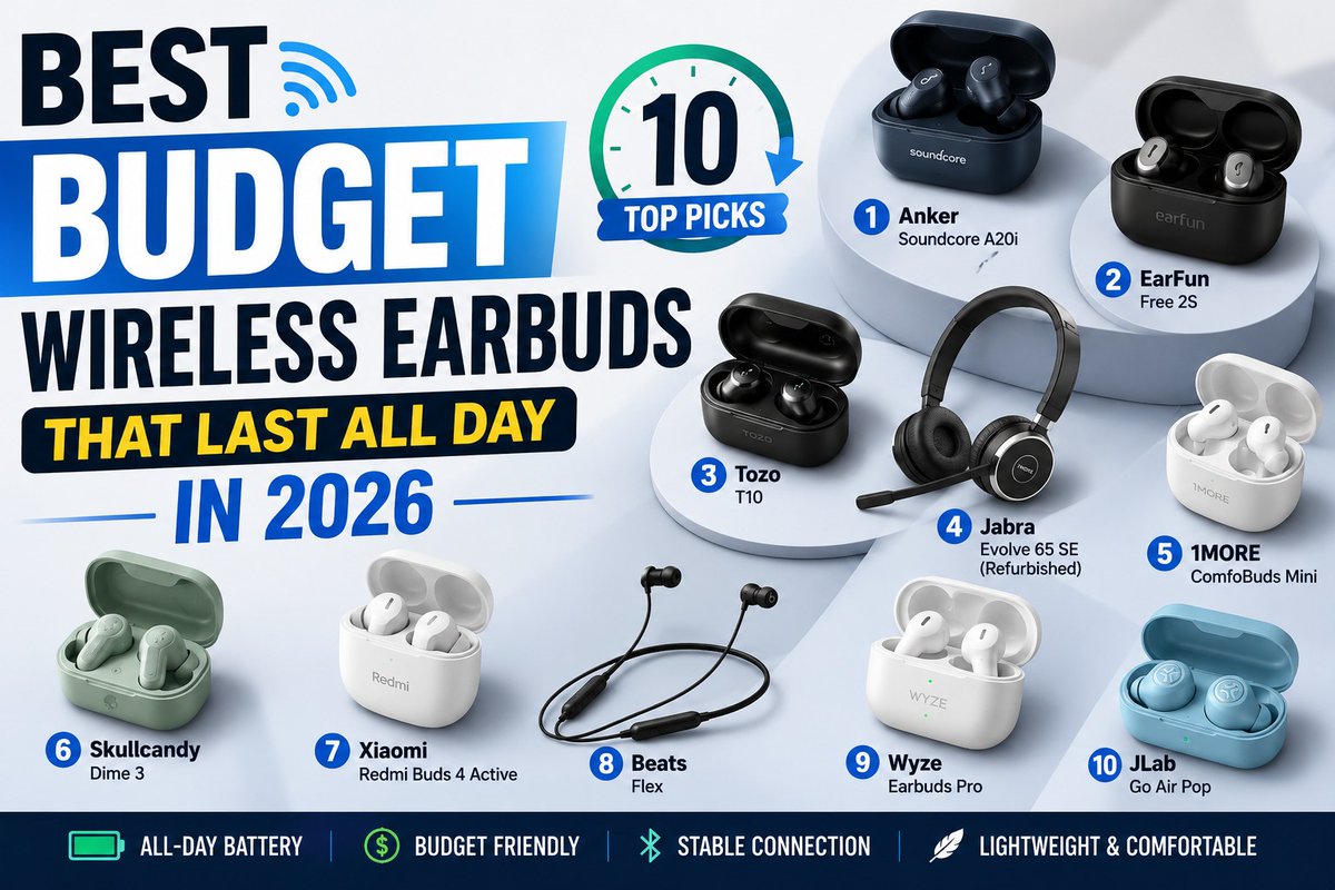 LumeChronos's tweet photo. "2026’s 10 Best Budget Wireless Earbuds with all-day battery life (up to 50hrs total) are here — and most cost under $50! No more mid-day charging panic.
Full ranked list with real tests:
https://t.co/t8DUajoMCo
#BudgetTech https://t.co/3rl5xCn4c2