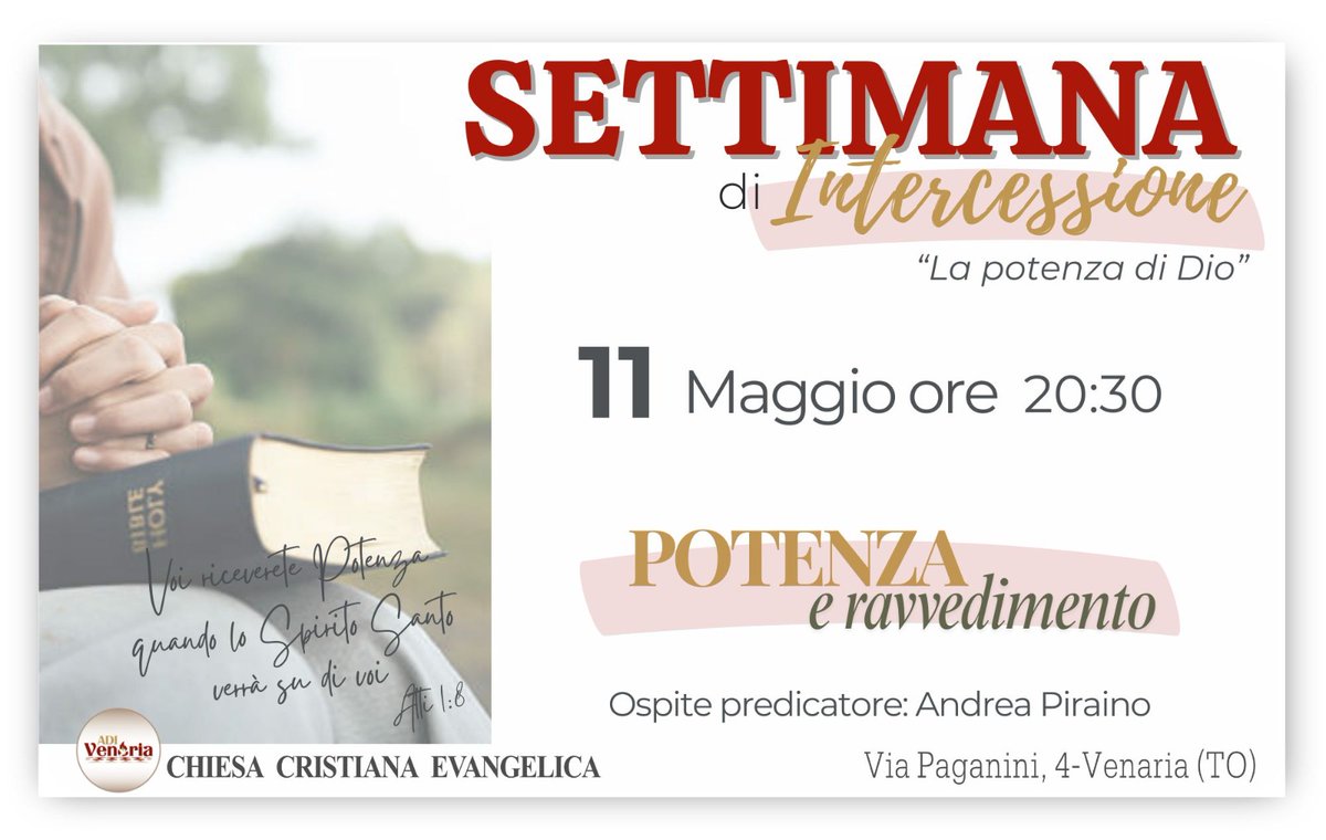 AdiVenaria's tweet photo. Benvenuti alla prima serata della nostra Settimana dell’Intercessione.
Stasera, 11 maggio, iniziamo umiliando i nostri cuori, intercedendo affinché le catene si spezzino e la potenza di Dio si manifesti con forza nelle nostre vite. 
A Dio sia la gloria ❤️ https://t.co/LbyYr8jzO0