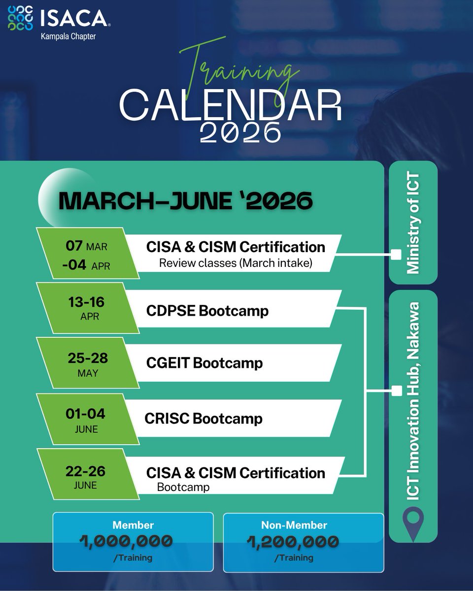ISACAKampala's tweet photo. 🚨 Important Training Update

The dates for the CGEIT and CRISC Bootcamps have been postponed and rescheduled to the new dates now reflected on the training chart.

Please take note of the revised schedule and adjust your plans accordingly.

We appreciate your understanding and look forward to welcoming you to the bootcamps on the updated dates.

#ISACAKampala #CGEIT #CRISC #TrainingUpdate #Bootcamp #Governance #RiskManagement #ProfessionalDevelopment