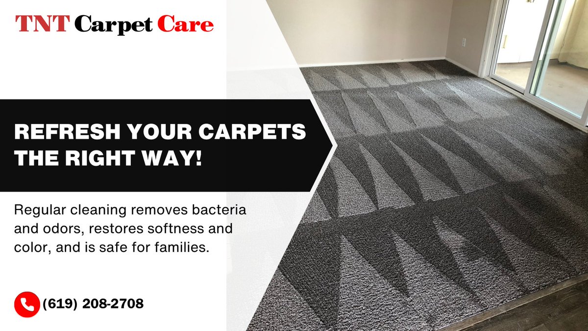 CareTnt's tweet photo. 👣 Spills, stains &amp; dull carpets? ☕️😞

Our cleaning helps restore softness, freshness &amp; that like-new look your carpets deserve. 😍💯✅

Call us today!

📞 (619) 208-2708
🌐 https://t.co/dDzpKqNJ3V

#TNTCarpetCare #expertcleaning #carpetcare https://t.co/Orf2Bp931i