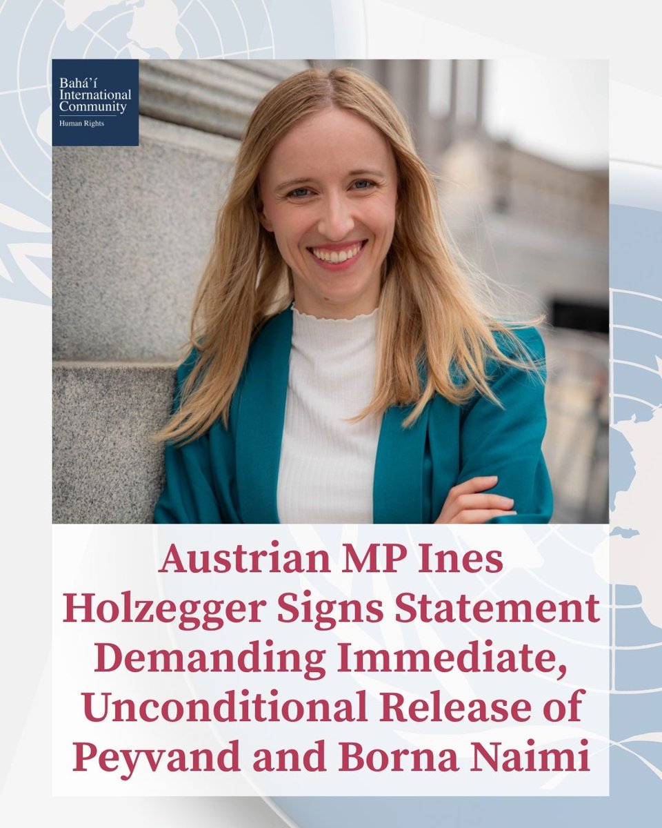 BahaiBIC_Rights's tweet photo. Austrian MP Ines Holzegger signs a statement calling for the immediate and unconditional release of Peyvand and Borna Naimi, alongside all unjustly imprisoned prisoners of conscience.
Peyvand and Borna Naimi have been arbitrarily detained since January and March 2028, respectively. They are currently at imminent risk of losing their lives.
This statement joins a growing chorus of parliamentarians and human rights advocates worldwide calling out the Iranian government's ongoing persecution and scapegoating of the Bahá'ís in Iran.
#BahaiRights #PeyvandNaimi #BornaNaimi #Iran