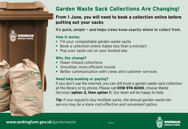 ParishWinnersh's tweet photo. Brown sack garden waste collection is changing from 1st June. 

Collections will need to be booked in advance for any brown sacks. 

#winnersh #sindlesham https://t.co/64SOHdc3kr