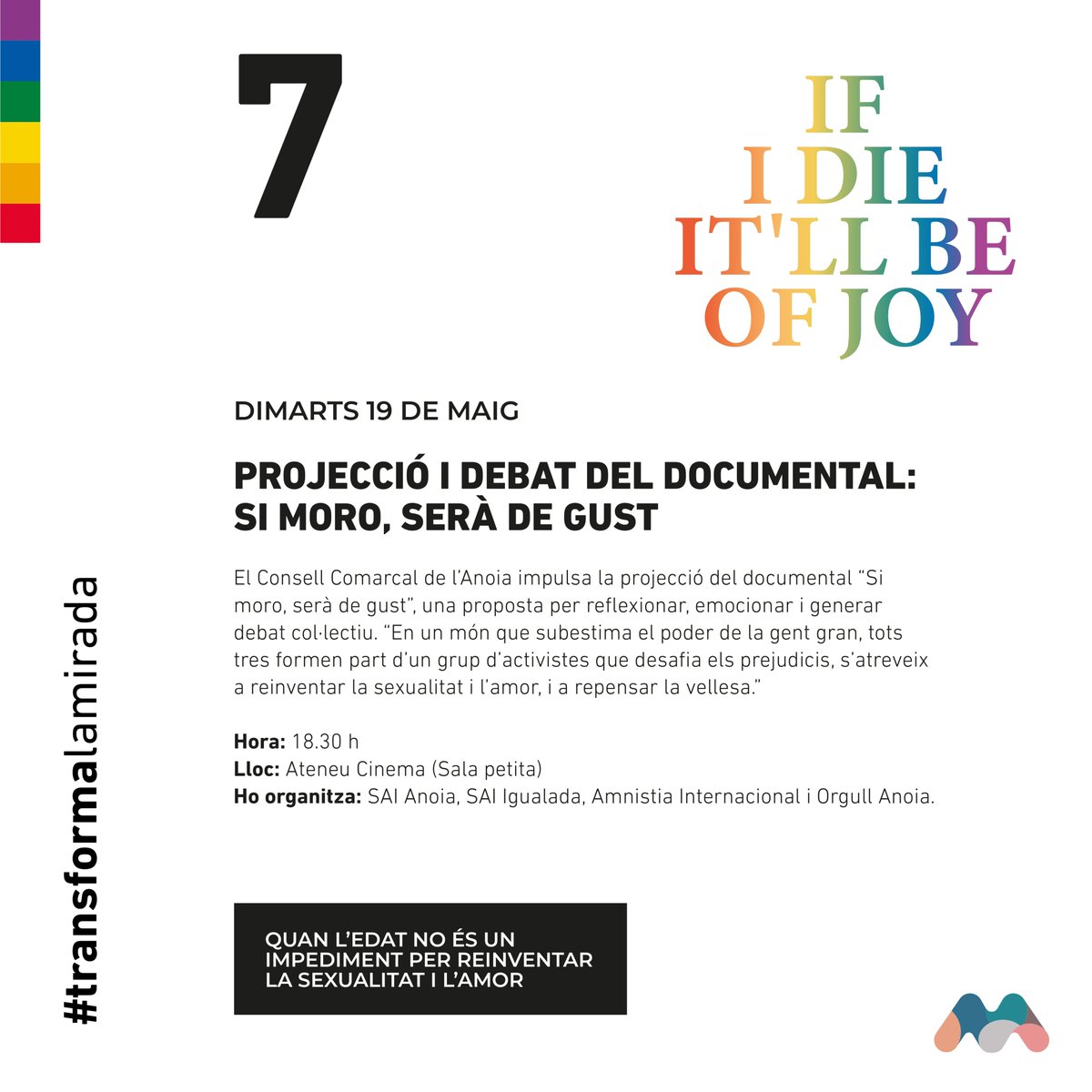 micod_cat's tweet photo. 🏳️‍🌈 Aquest dimarts 19 de maig, segueixen els actes per commemorar el Dia Internacional contra la LGTBIfòbia amb la Projecció i debat del documental: Si moro, serà de gust 🎬
📍Ateneu Cinema (Sala Petita)
🕘 18.30 h
🔗 Consulta l’agenda completa a https://t.co/OBwHqQMsFf https://t.co/FhbWSuvyNA