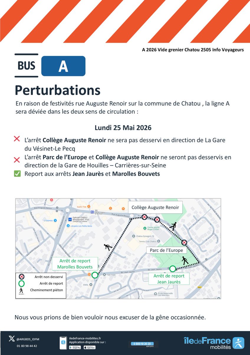 ARGBDS_IDFM's tweet photo. 🚍#InfoTrafic - Ligne A - Lundi 25 Mai 2026

En raison de festivités rue Auguste Renoir sur la commune de Chatou , la ligne A sera déviée dans les deux sens de circulation :

⬇️Voir média

Veuillez nous excuser pour la gêne occasionnée. https://t.co/Af9PHjlDPx