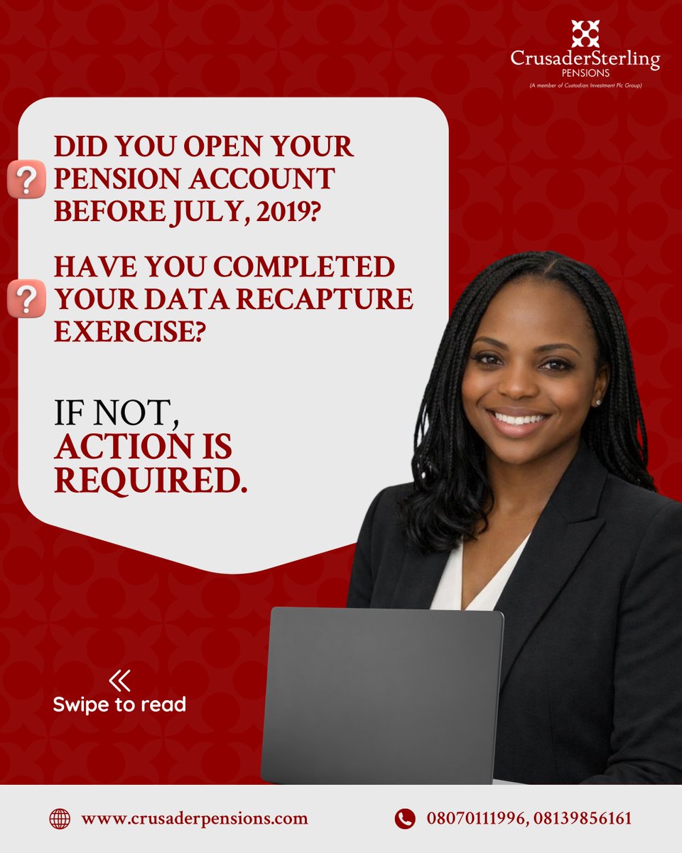 CSPensions's tweet photo. Did you open your pension account before July 2019? Then this is important.

The Data Recapture Exercise ensures your pension records are accurate, secure, and up to date, helping you avoid delays when accessing your retirement benefits.

You can complete your data recapture through any of the following channels:

1. The PENCAP portal:  https://t.co/6AvFozN78w

2. CrusaderSterling Pensions website: https://t.co/rHTTGXrYhi

3. CrusdaerSterling Pensions Mobile App

4. Any CrusaderSterling Pensions branch nationwide

Need help? Our team is available to guide you every step of the way.

📞 08070119996, 08139856160

💬 WhatsApp: 09031316029

📩 info@crusaderpensions.com
Stay informed. Stay protected. Secure your future today.
#CrusaderSterlingPensions