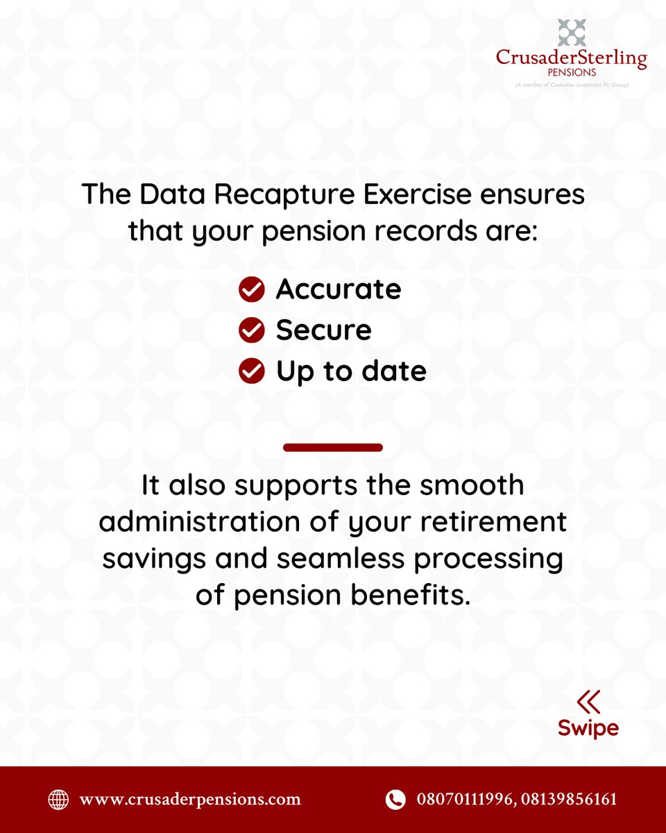 CSPensions's tweet photo. Did you open your pension account before July 2019? Then this is important.

The Data Recapture Exercise ensures your pension records are accurate, secure, and up to date, helping you avoid delays when accessing your retirement benefits.

You can complete your data recapture through any of the following channels:

1. The PENCAP portal:  https://t.co/6AvFozN78w

2. CrusaderSterling Pensions website: https://t.co/rHTTGXrYhi

3. CrusdaerSterling Pensions Mobile App

4. Any CrusaderSterling Pensions branch nationwide

Need help? Our team is available to guide you every step of the way.

📞 08070119996, 08139856160

💬 WhatsApp: 09031316029

📩 info@crusaderpensions.com
Stay informed. Stay protected. Secure your future today.
#CrusaderSterlingPensions