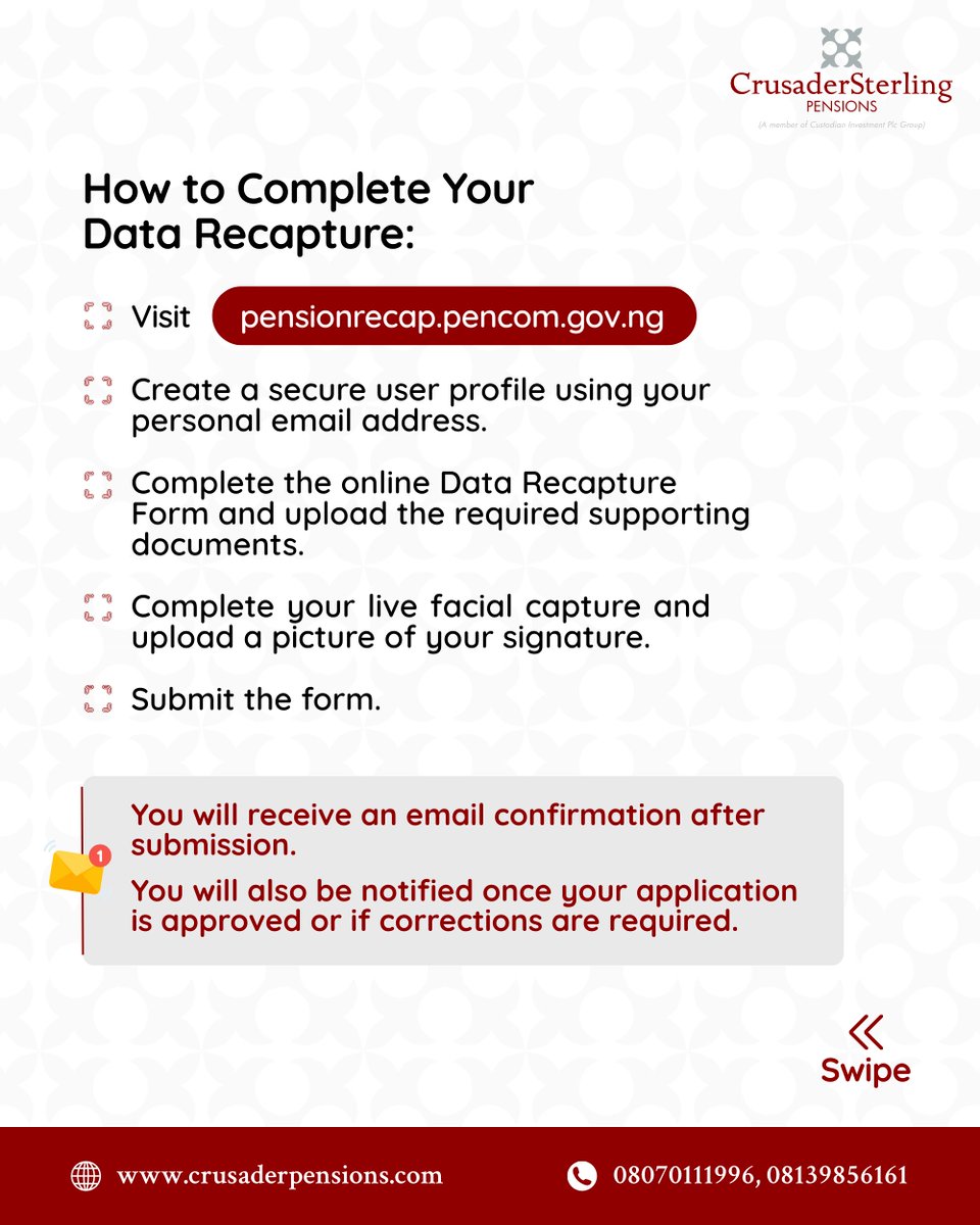 CSPensions's tweet photo. Did you open your pension account before July 2019? Then this is important.

The Data Recapture Exercise ensures your pension records are accurate, secure, and up to date, helping you avoid delays when accessing your retirement benefits.

You can complete your data recapture through any of the following channels:

1. The PENCAP portal:  https://t.co/6AvFozN78w

2. CrusaderSterling Pensions website: https://t.co/rHTTGXrYhi

3. CrusdaerSterling Pensions Mobile App

4. Any CrusaderSterling Pensions branch nationwide

Need help? Our team is available to guide you every step of the way.

📞 08070119996, 08139856160

💬 WhatsApp: 09031316029

📩 info@crusaderpensions.com
Stay informed. Stay protected. Secure your future today.
#CrusaderSterlingPensions