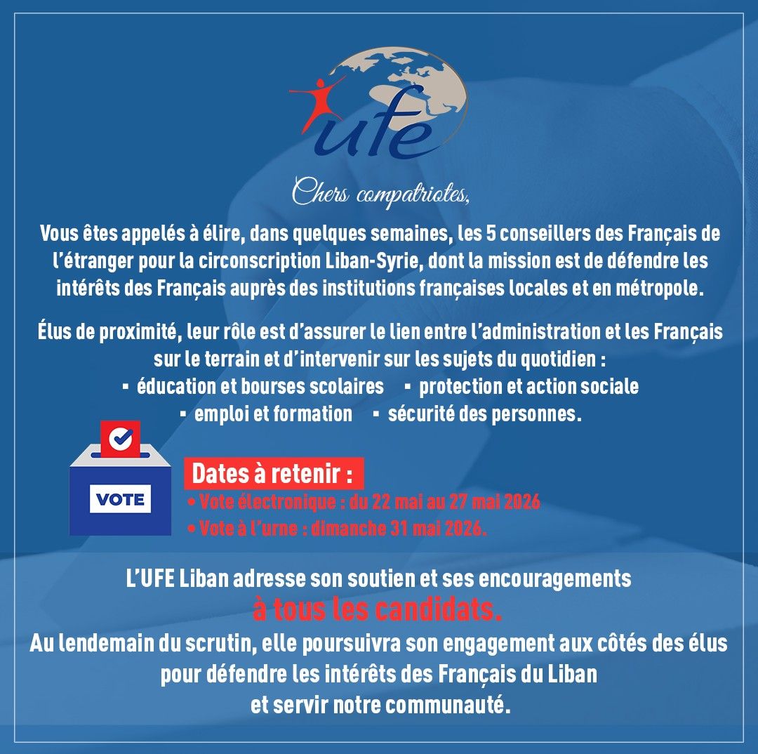 gusbouba's tweet photo. Lundi 11 mai 2026 : Réponse au communiqué de l'UFE-Liban)
"Un Grand Merci pour l'UFE de Beyrouth pour le communiqué clair. Ils maintiennent une neutralité exemplaire et ne soutiennent aucun candidat, ce qui les distingue d'autres groupes qui donnent des consignes de vote." https://t.co/rONz5YsIOC