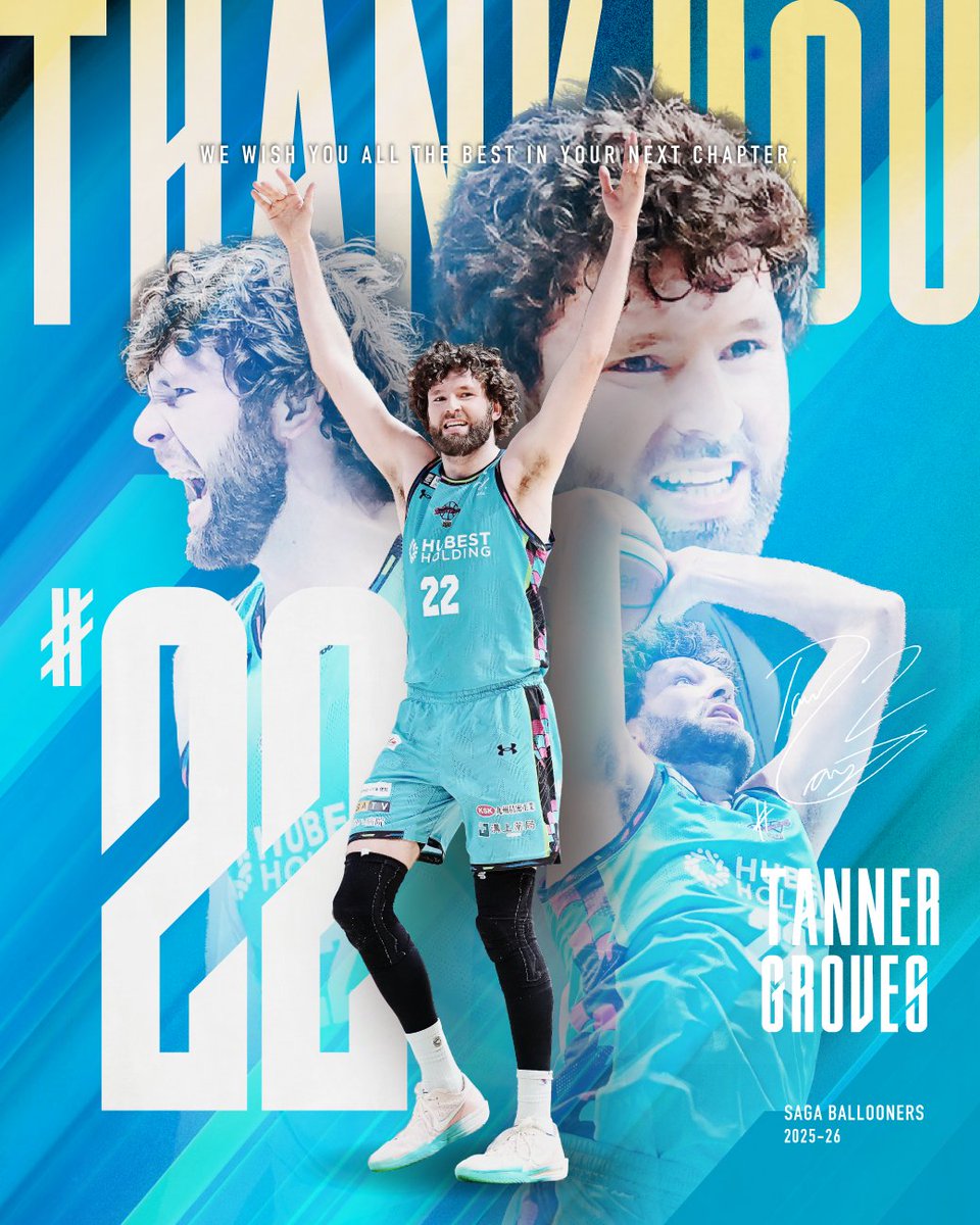 SagaBallooners's tweet photo. 【お知らせ】#タナー・グローヴス 選手が契約満了に伴い、2025-26シーズンを以て佐賀バルーナーズを退団することが決定いたしました。  

本日5月11日(月)付けでB.LEAGUE自由交渉選手リストへ公示したこともあわせてご報告いたします。  

🔗 詳細・グローヴス選手コメントはこちら https://t.co/AewaFdvpID

 #佐賀バルーナーズ #BEAFLAME