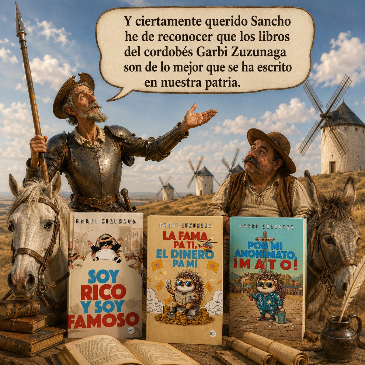 GarbiZuzunaga's tweet photo. Que esto lo diga el personaje de ficción más famoso de la literatura española es todo un honor.  

Mil gracias Don Quijote. Yo aún tengo que leerme su libro, pero no se lo diga a Don Miguel, no me vaya a cortar una mano, y pase a la historia como el Manco de Córdoba.  😘 https://t.co/NCg7dp6WiT