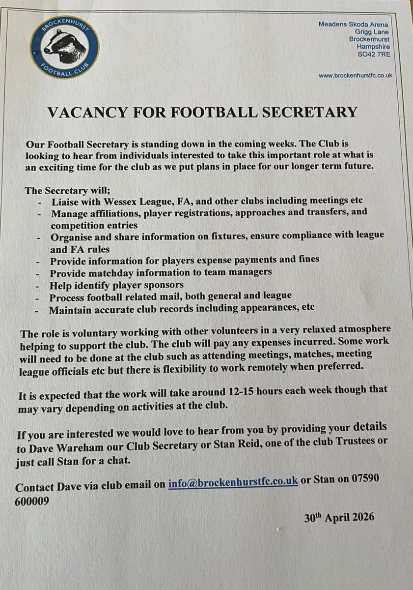 Brock_FC's tweet photo. VACANCY FOR FOOTBALL SECRETARY

We are actively looking for a new Football Secretary @Brock_FC 

The role of the Football Secretary is as per the graphic below

To apply or for more information please email Dave at info@brockenhurstfc.co.uk or you can call Stan Reid 07590 600009 https://t.co/i3x3ZSCc92
