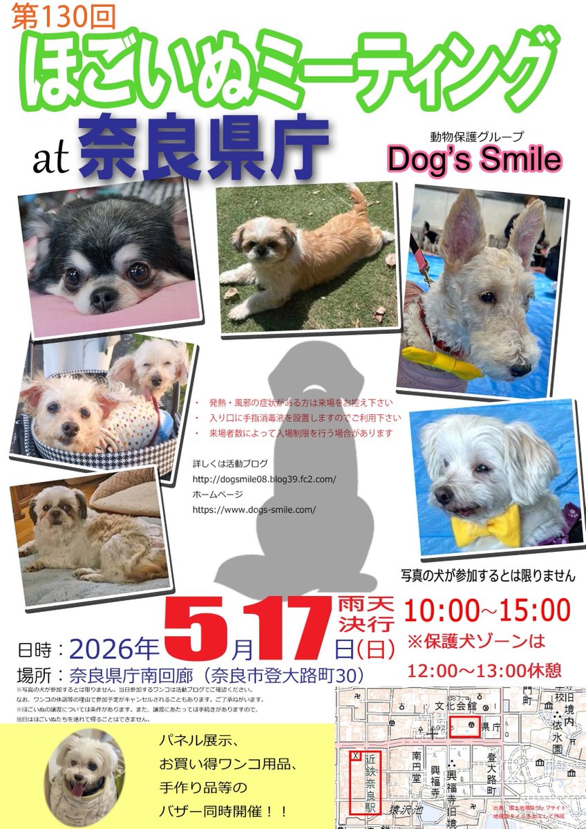 dogssmile2008's tweet photo. ほごいぬミーティングのお知らせです🐾
5月17日(日)10時～15時
(🐶保護犬ゾーンのみ12時〜13時休憩)
場所：奈良県庁 南回廊 ※雨天決行

お買い物だけでも大歓迎です🍀
保護犬たちにぜひ会いにきてください😊
詳細や参加犬についてはこちら https://t.co/rDilalXrxH

#保護犬 #譲渡会 #dogssmile奈良 https://t.co/P8CTDz4PKs