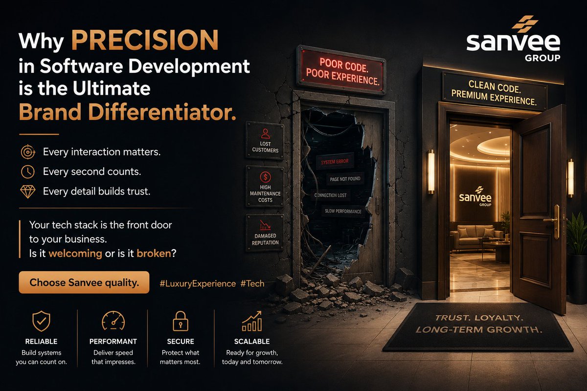 SANVEEGROUP's tweet photo. Why precision in software development is the ultimate brand differentiator. 

Your tech stack is the front door to your business. Is it welcoming or is it broken? 

Choose Sanvee quality. #LuxuryExperience #Tech

##SanveeGroup##LuxuryTech##BrandExperience##UIUX##PrecisionCode https://t.co/ngcjEbtPaW