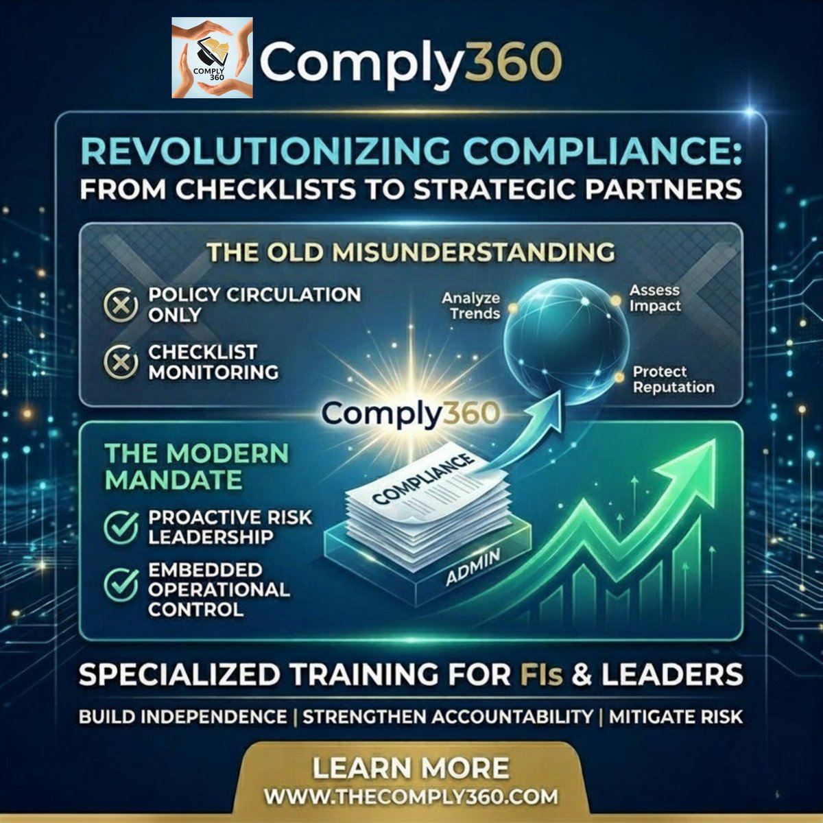 Comply360LLC's tweet photo. Compliance is no longer just a box-ticking exercise—it’s a strategic advantage.
The shift from "The Old Misunderstanding" to "The Modern Mandate" is here.

#Compliance360 #RiskManagement #Leadership #FinancialInstitutions #StrategicPartner #Governance https://t.co/pD41YfQfEo